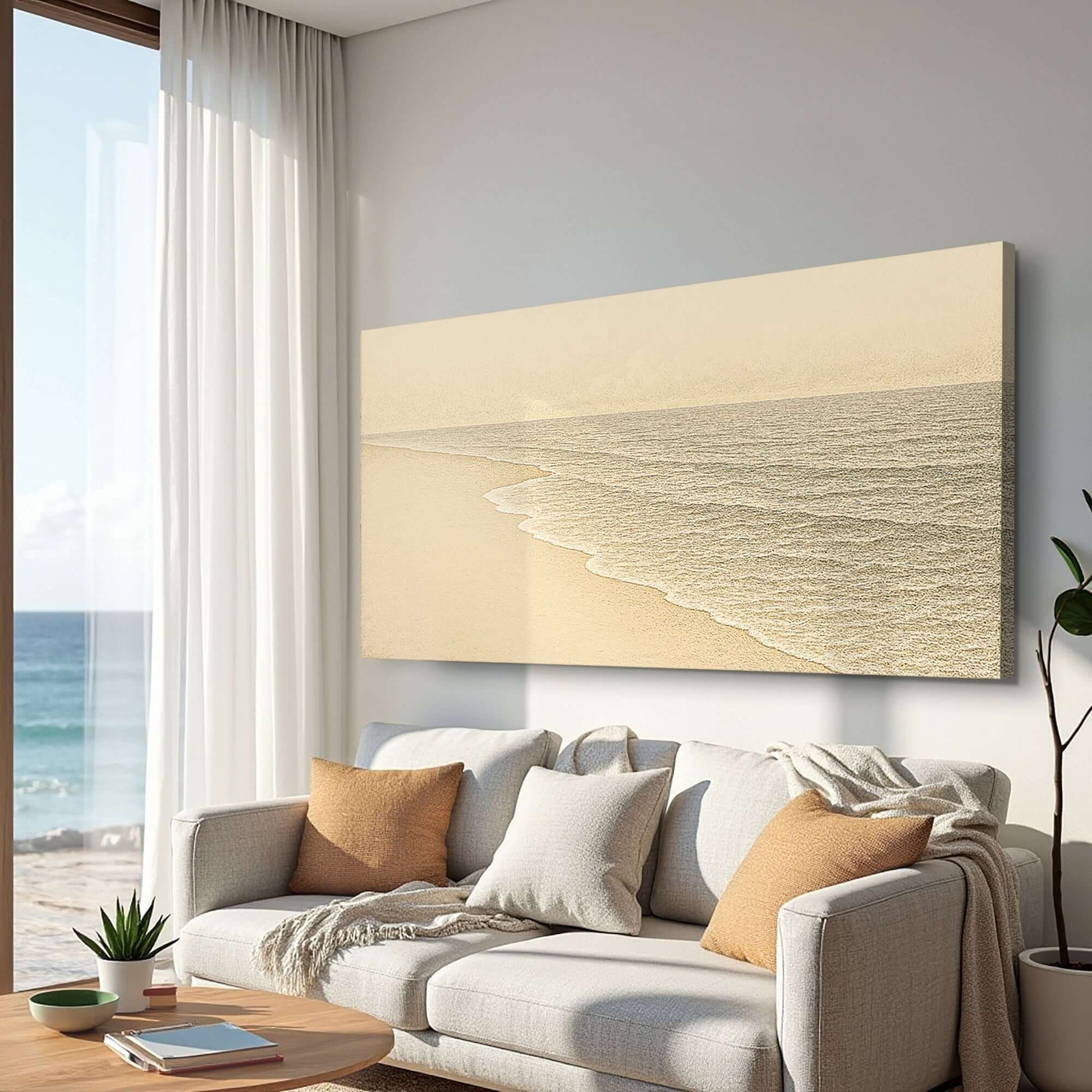 Beach Shoreline Coastal Canvas Wall Art III displayed in a bright living room with ocean view.