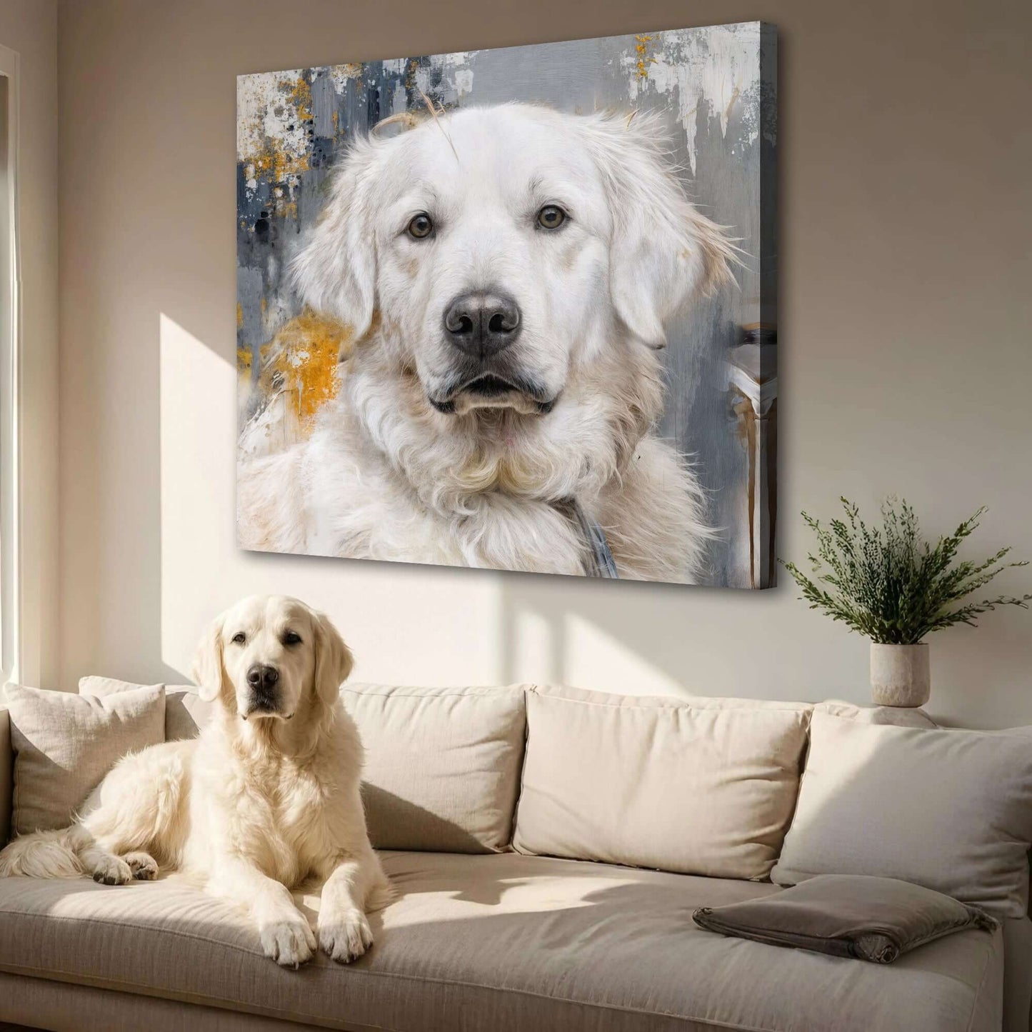 Customized Pet Portrait Abstract Wall Art featuring a golden retriever in a modern living room setting.