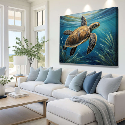 Turtle In Seagrass Coastal Canvas Wall Art