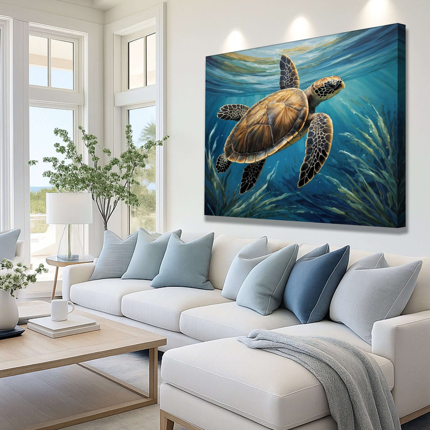 Turtle In Seagrass Coastal Canvas Wall Art displayed in a bright living room with modern decor and natural light.
