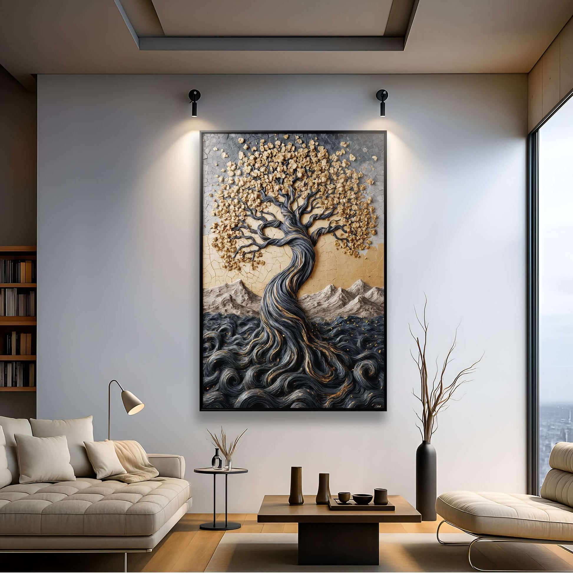 Golden Tree of Life Minimalist Impasto Wall Art displayed in a modern living room setting.