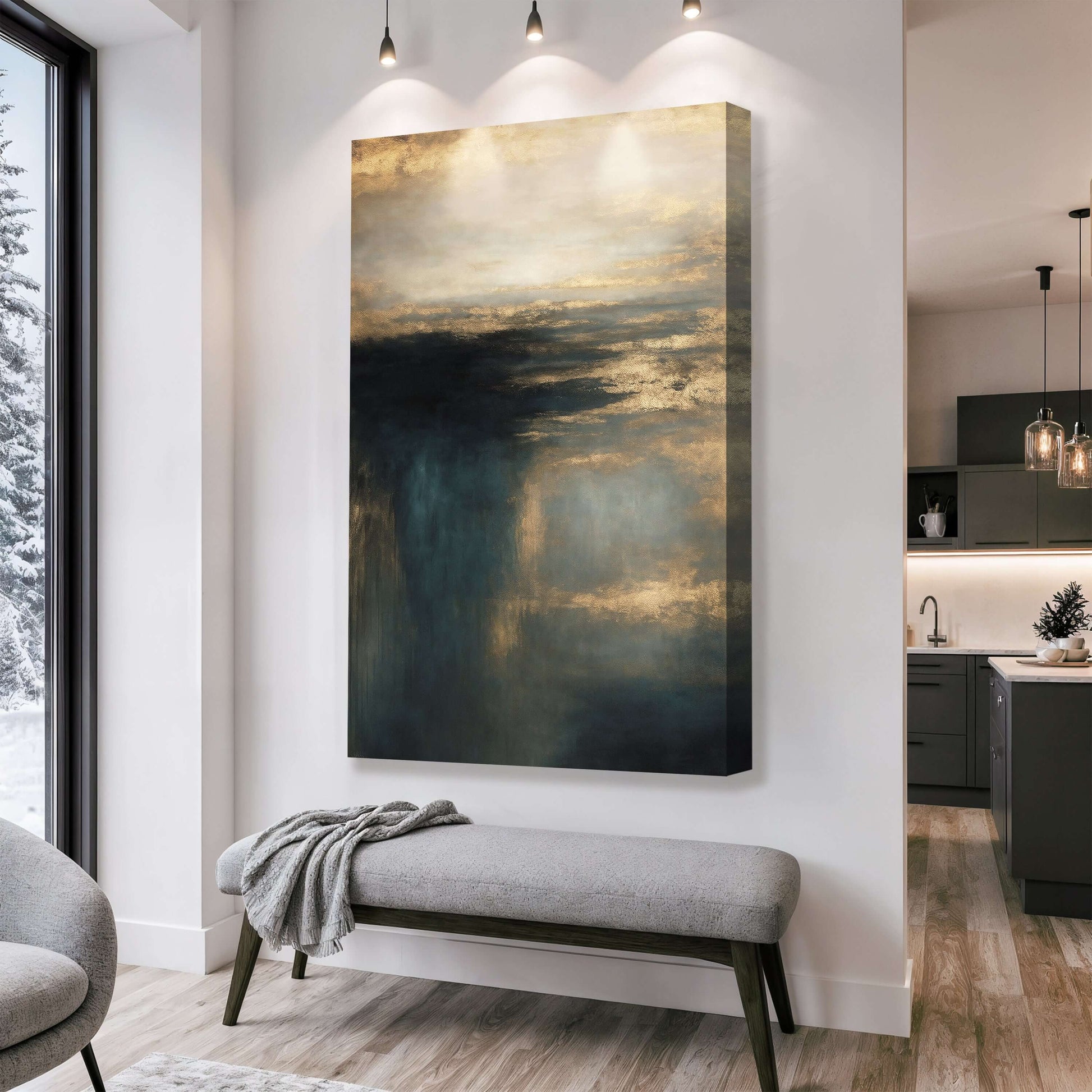 Cloudscape Glimmer Canvas Wall Art displayed in a modern living room with a cozy bench and stylish interior.