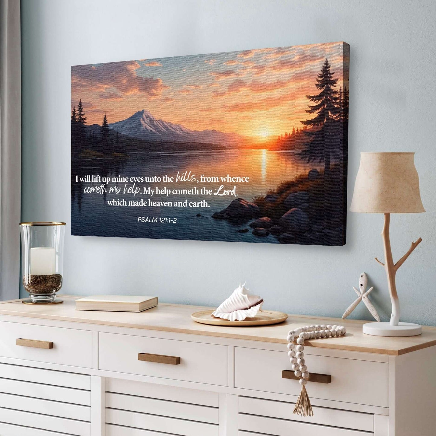Psalm 121:1-2 - A Song Of Ascents Faith Wall Sign displayed in a cozy living room setting.