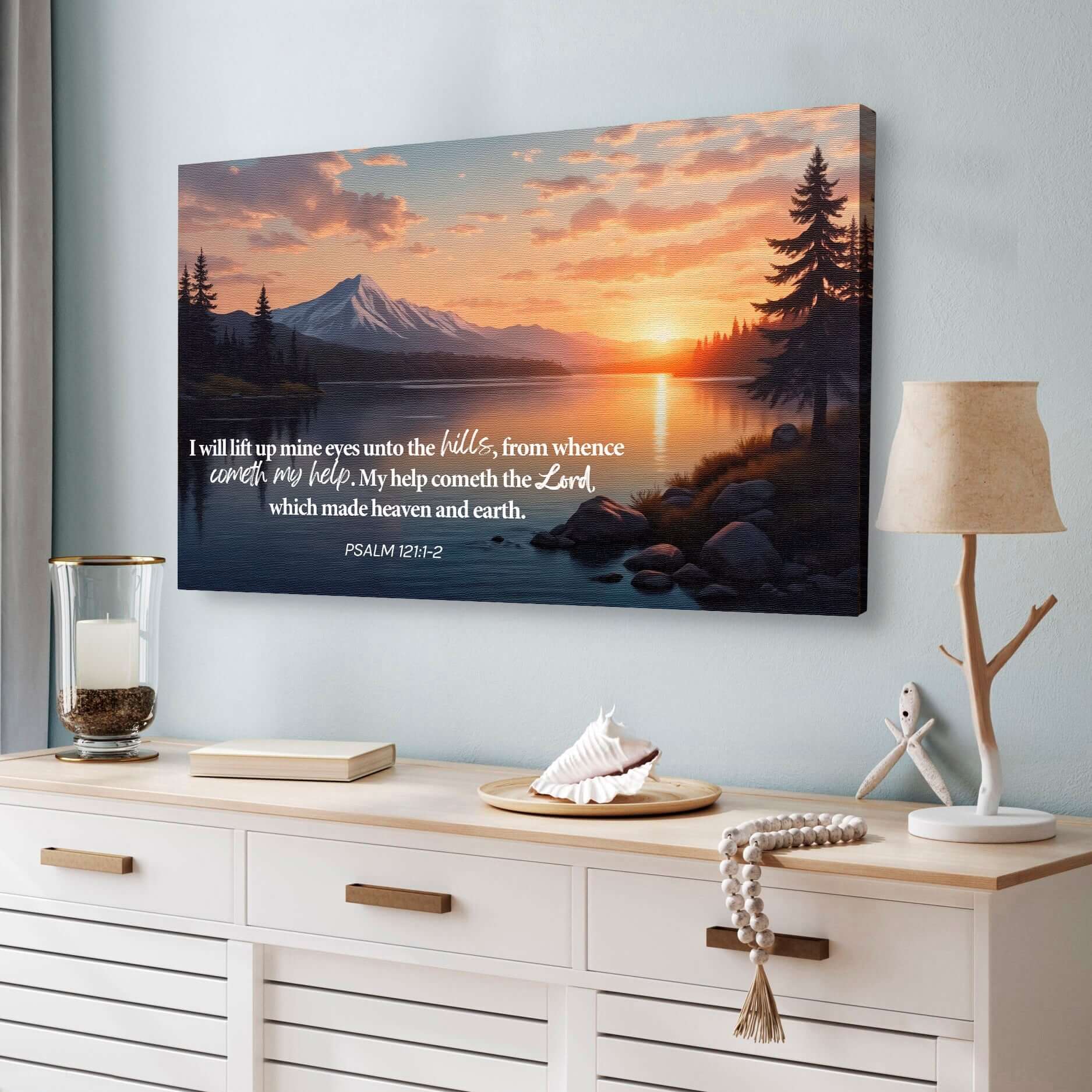 Psalm 121:1-2 - A Song Of Ascents Faith Wall Sign displayed in a cozy living room setting.