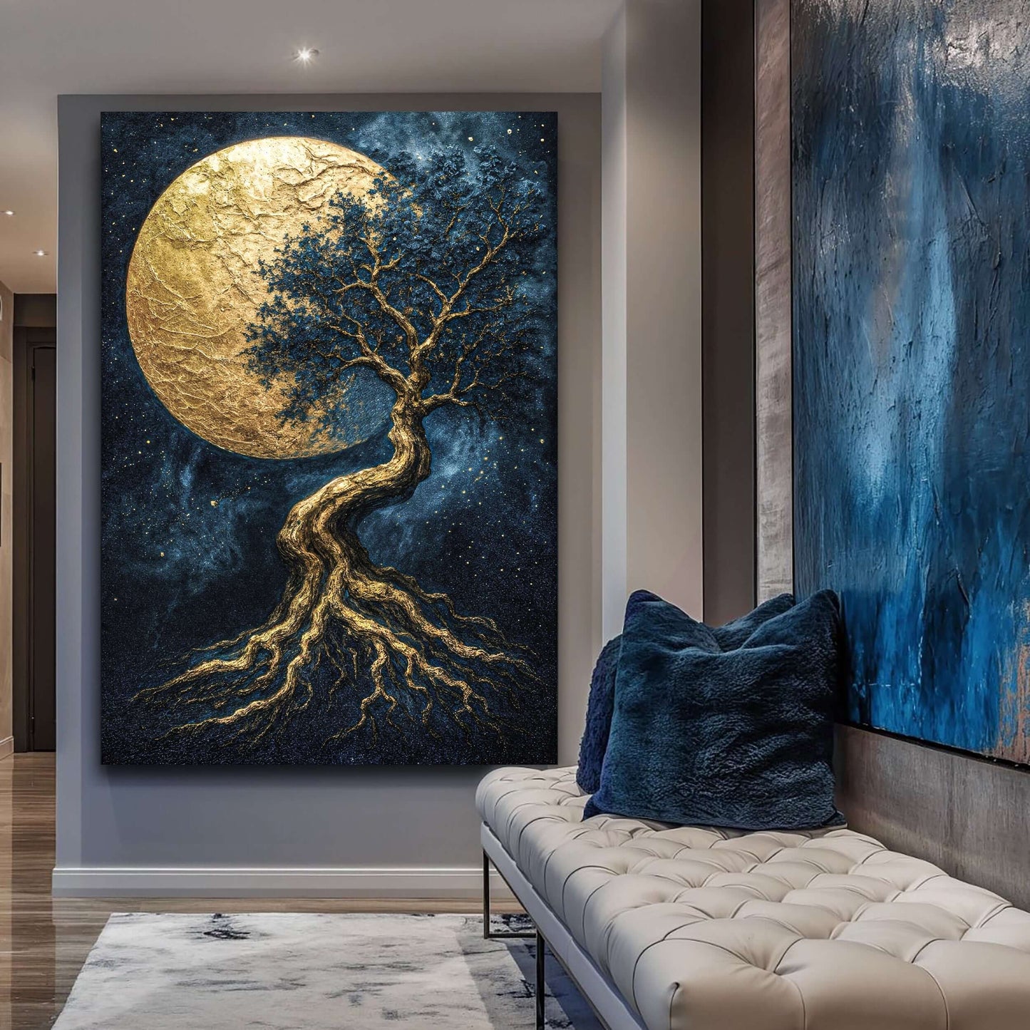 Lunar Tree of Life Canvas Wall Art displayed in a modern living room with stylish decor.