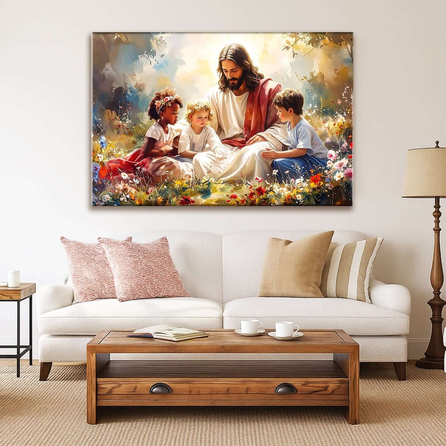 Jesus With Children Faith Wall Canvas Art VIII displayed in a cozy living room.