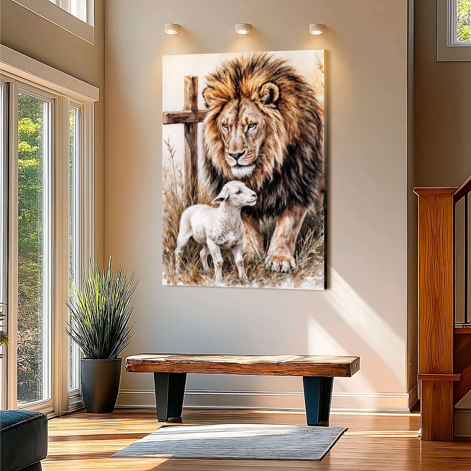 Lion And Sheep Faith Wall Art II displayed in a bright living room with natural light and modern decor.
