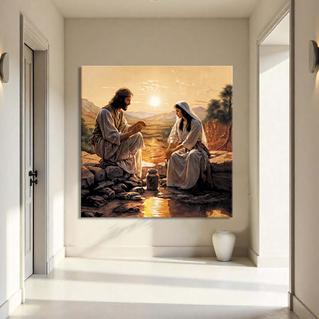 Samaritan at the Well Faith Wall Canvas Art III displayed in a modern hallway, featuring a tranquil biblical scene.