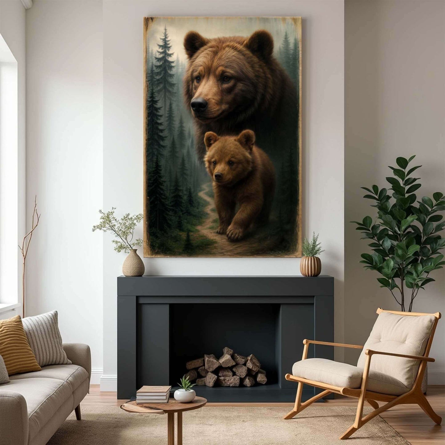 Path of the Wild Kin Bear and Cub Canvas Wall Art displayed in a stylish living room with natural decor.
