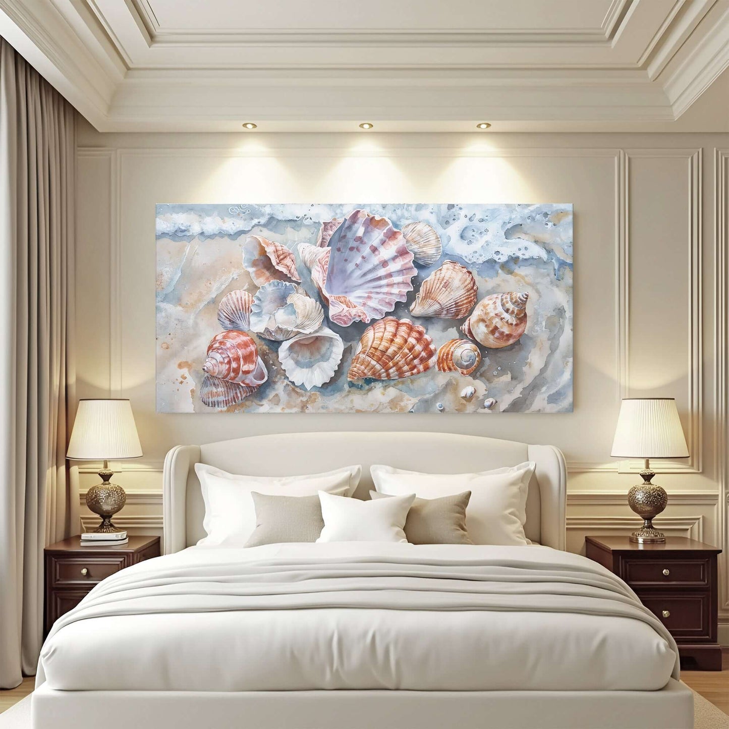Sea Shells Modern Coastal Wall Art displayed above a bed in a stylish bedroom setting.