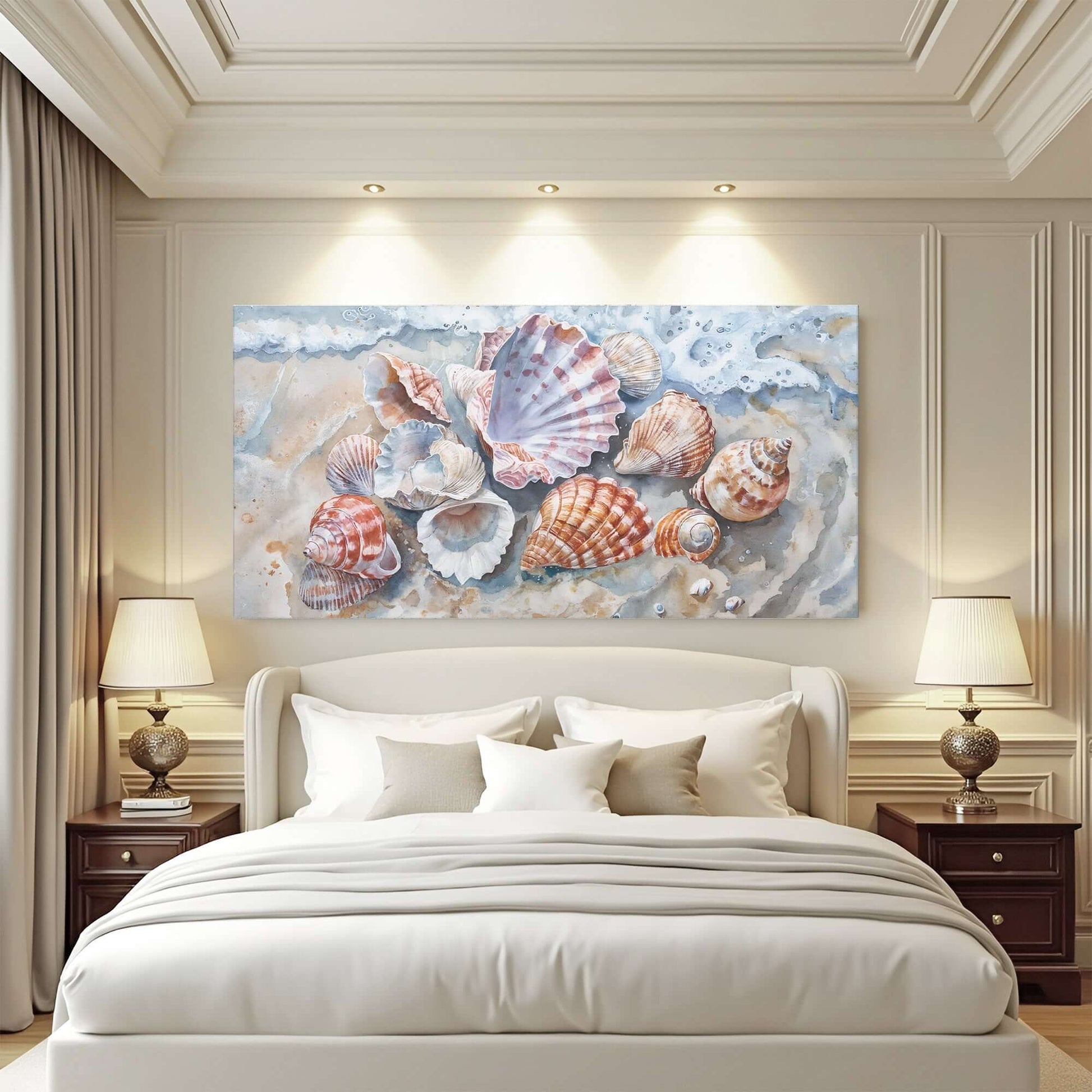 Sea Shells Modern Coastal Wall Art displayed above a bed in a stylish bedroom setting.