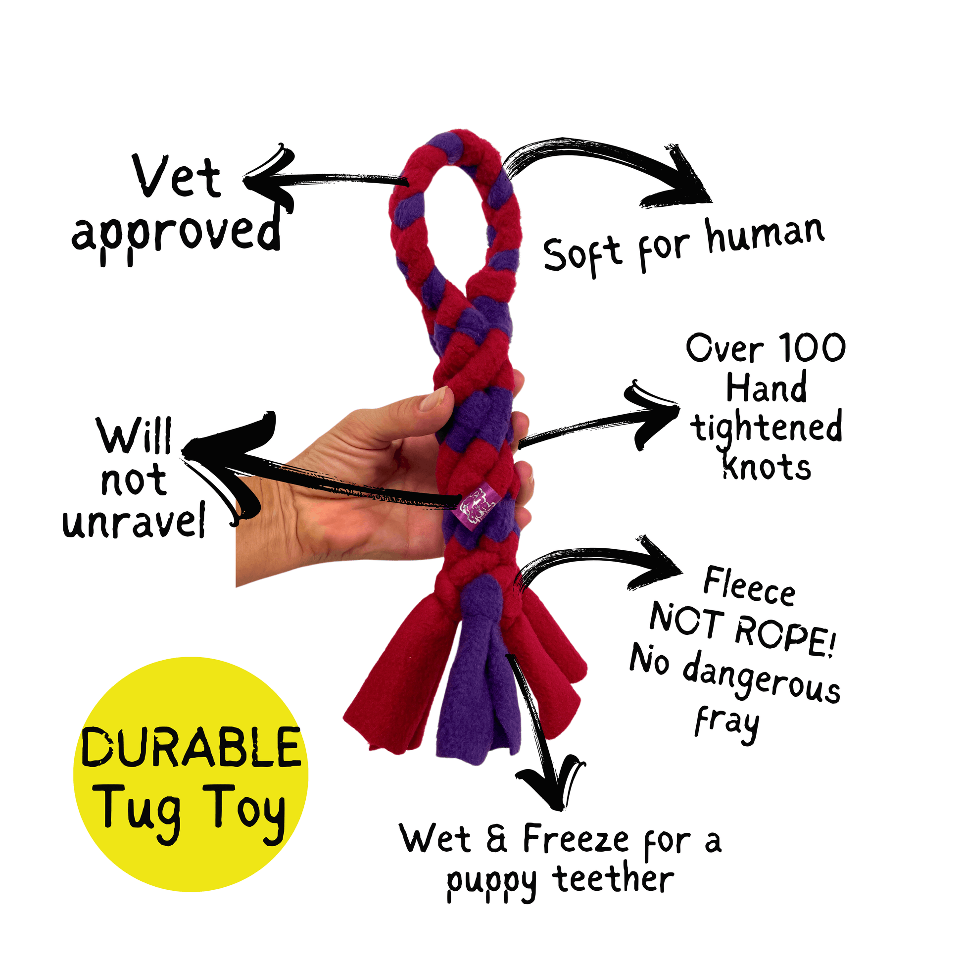 3-in-1 Bundle Enrichment Tube for Dogs features durable tug toy design, vet approved, soft for humans, many knots, fleece material.