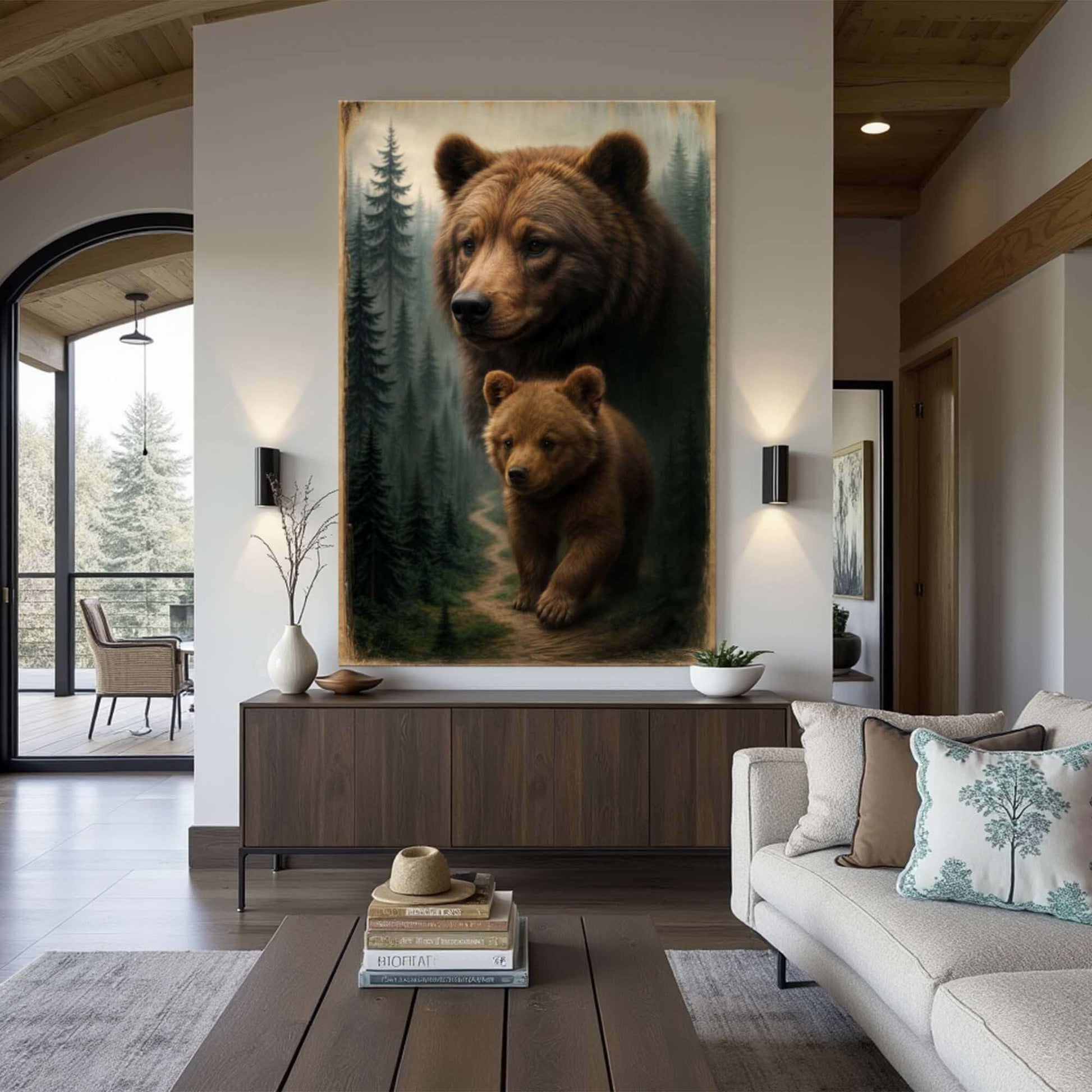 Path of the Wild Kin Bear and Cub Canvas Wall Art displayed in a cozy living room setting.
