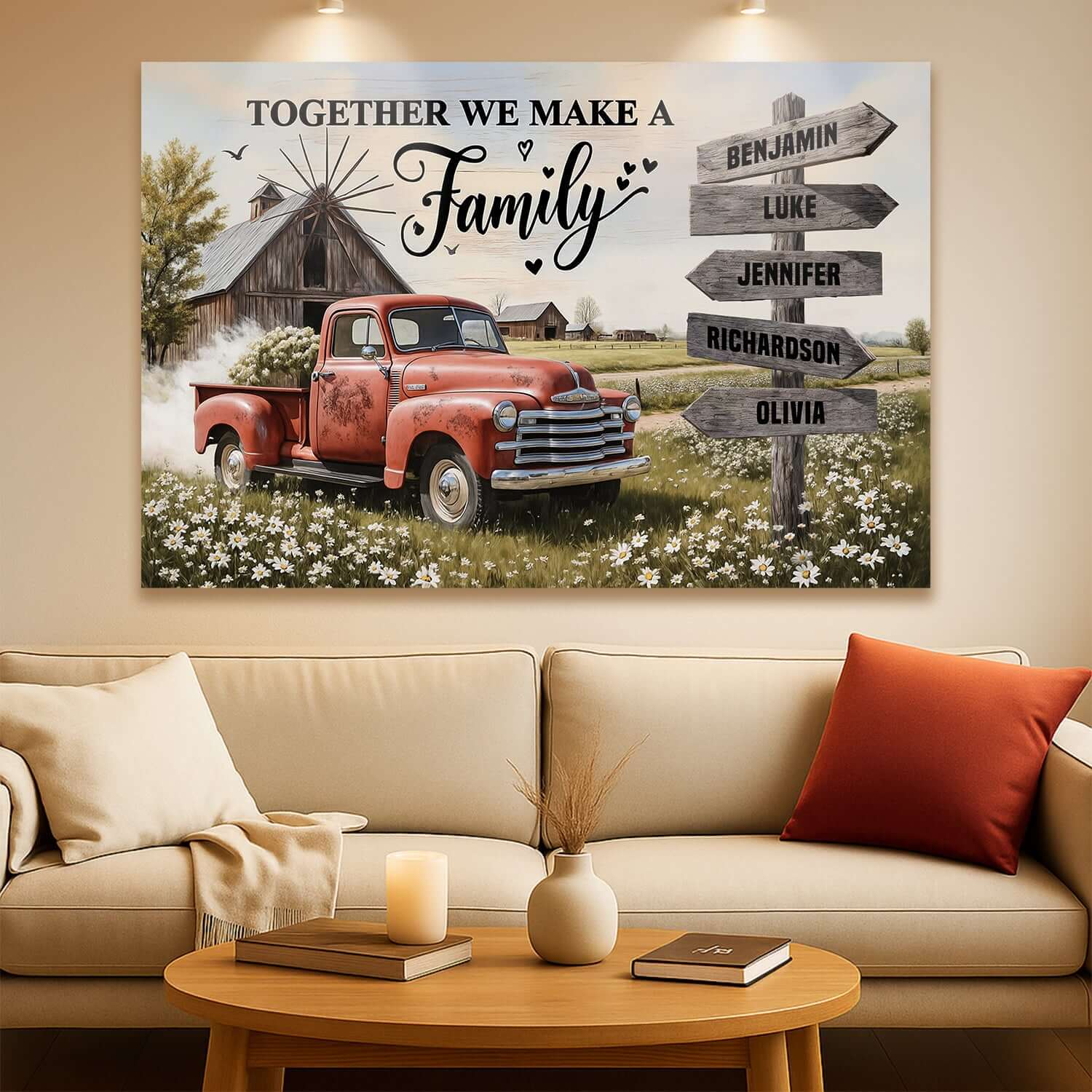 Personalized Family Farmhouse Old Truck Wall Art featuring a vintage truck and custom family names on directional signs