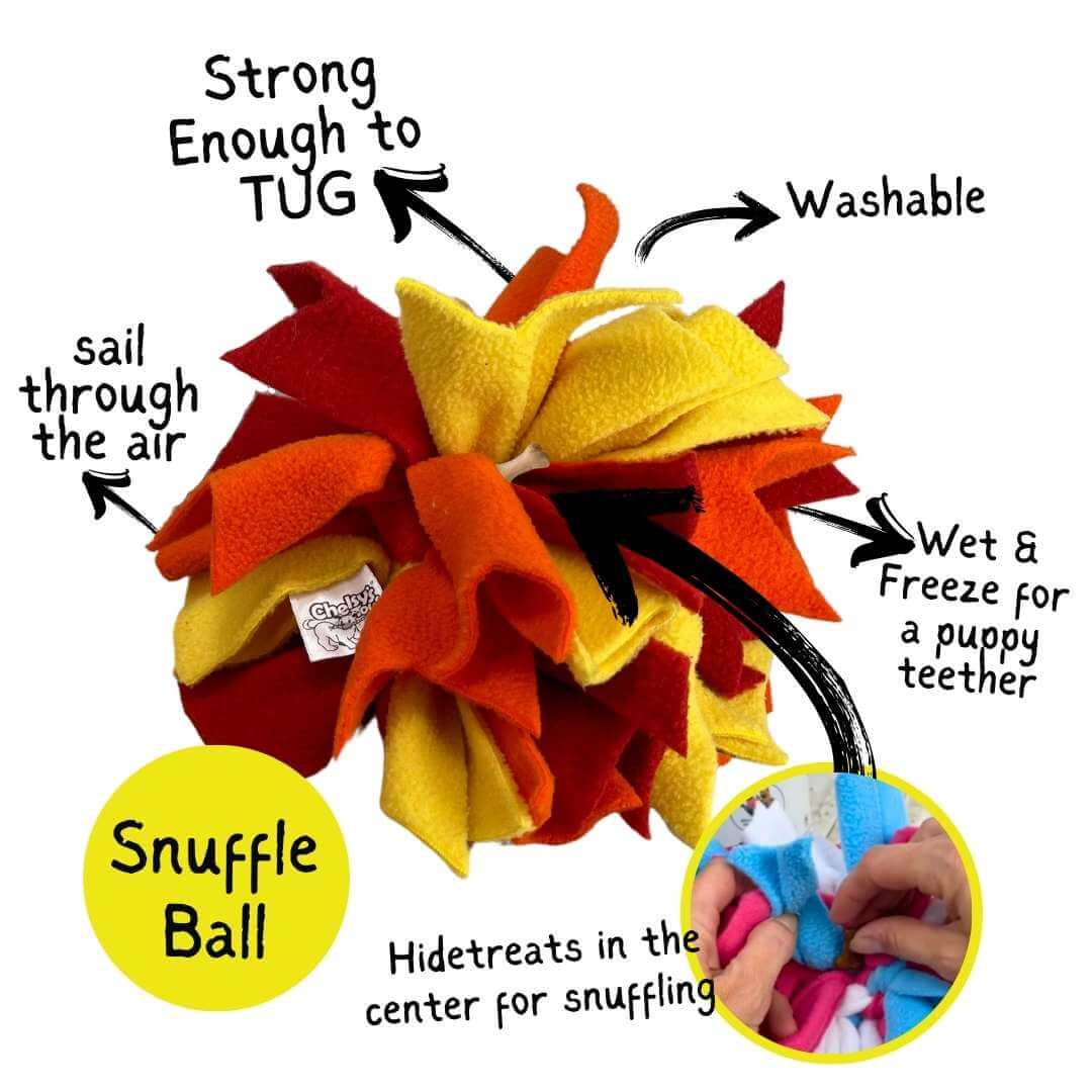 3-in-1 Bundle Enrichment Tube for Dogs featuring a colorful Snuffle Ball with tug, washability, and treat hiding capabilities.