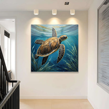 Turtle In Seagrass Coastal Canvas Wall Art