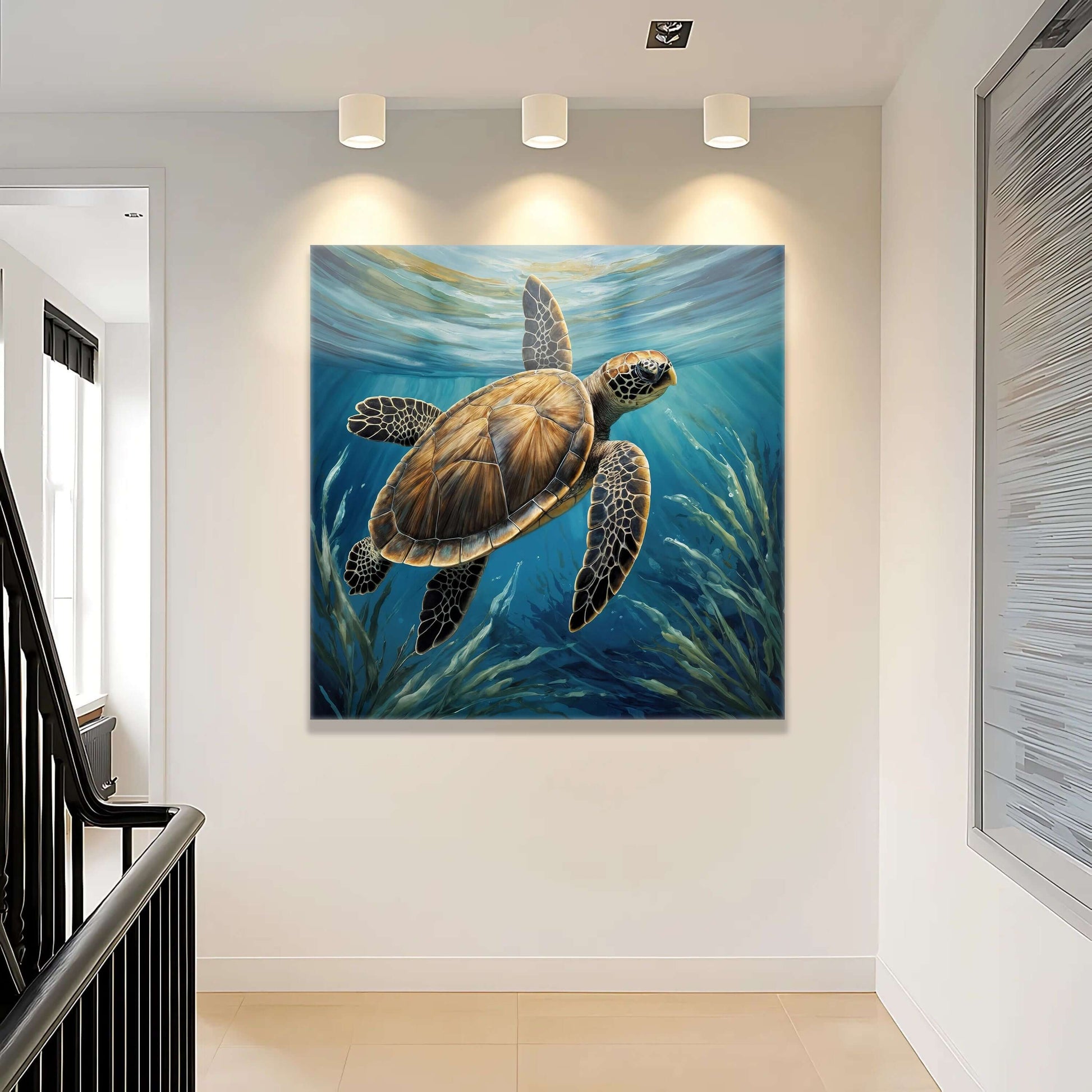 Turtle In Seagrass Coastal Canvas Wall Art displayed in a stylish modern interior with natural lighting.