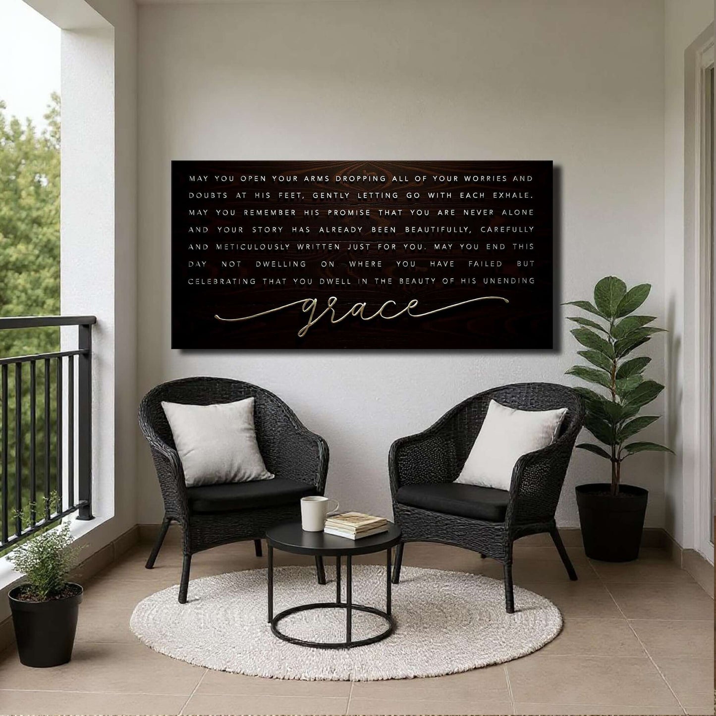 Unending Grace Faith Sign IV displayed in a cozy outdoor seating area with chairs and plants.
