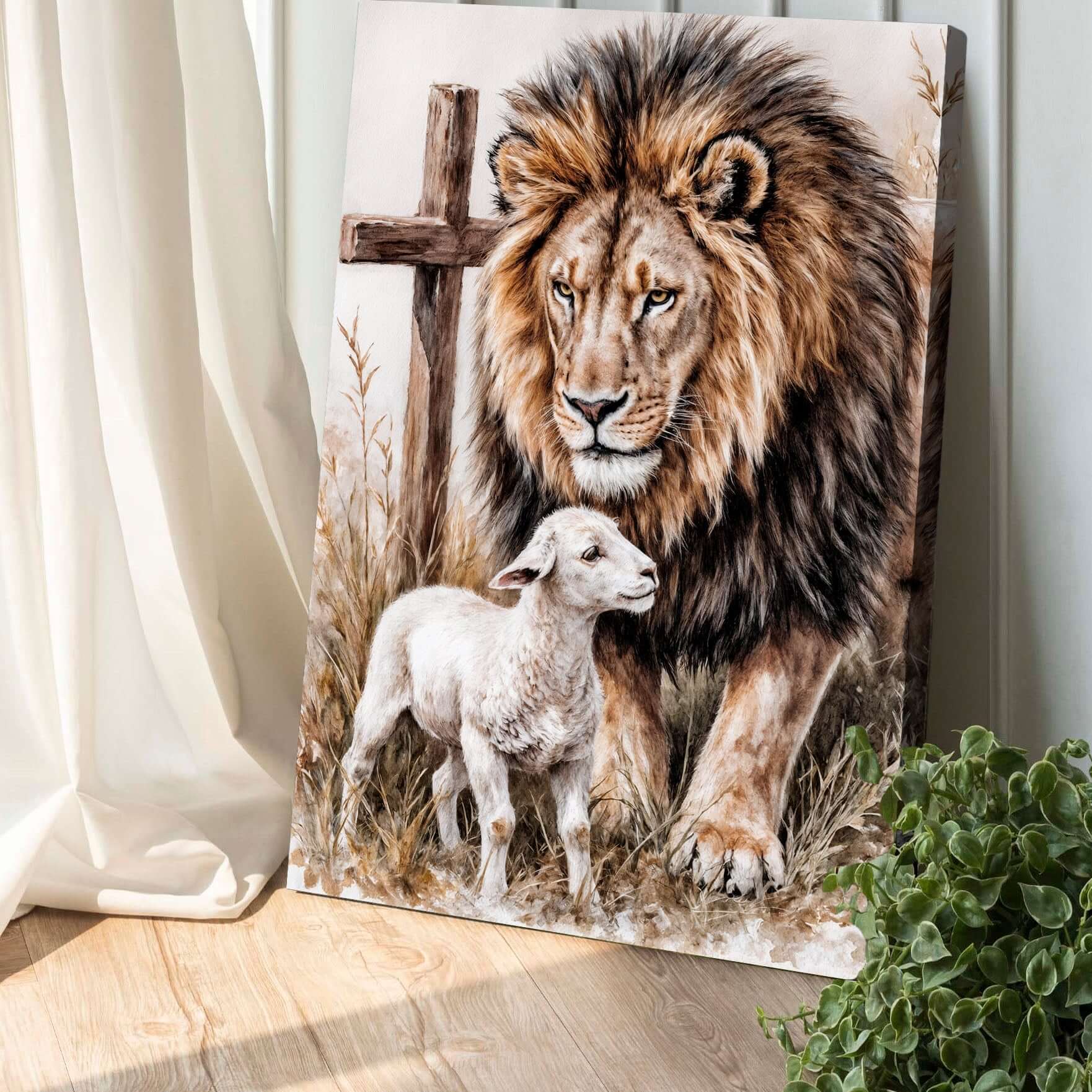 Lion And Sheep Faith Wall Art II featuring a lion and a sheep in front of a cross.