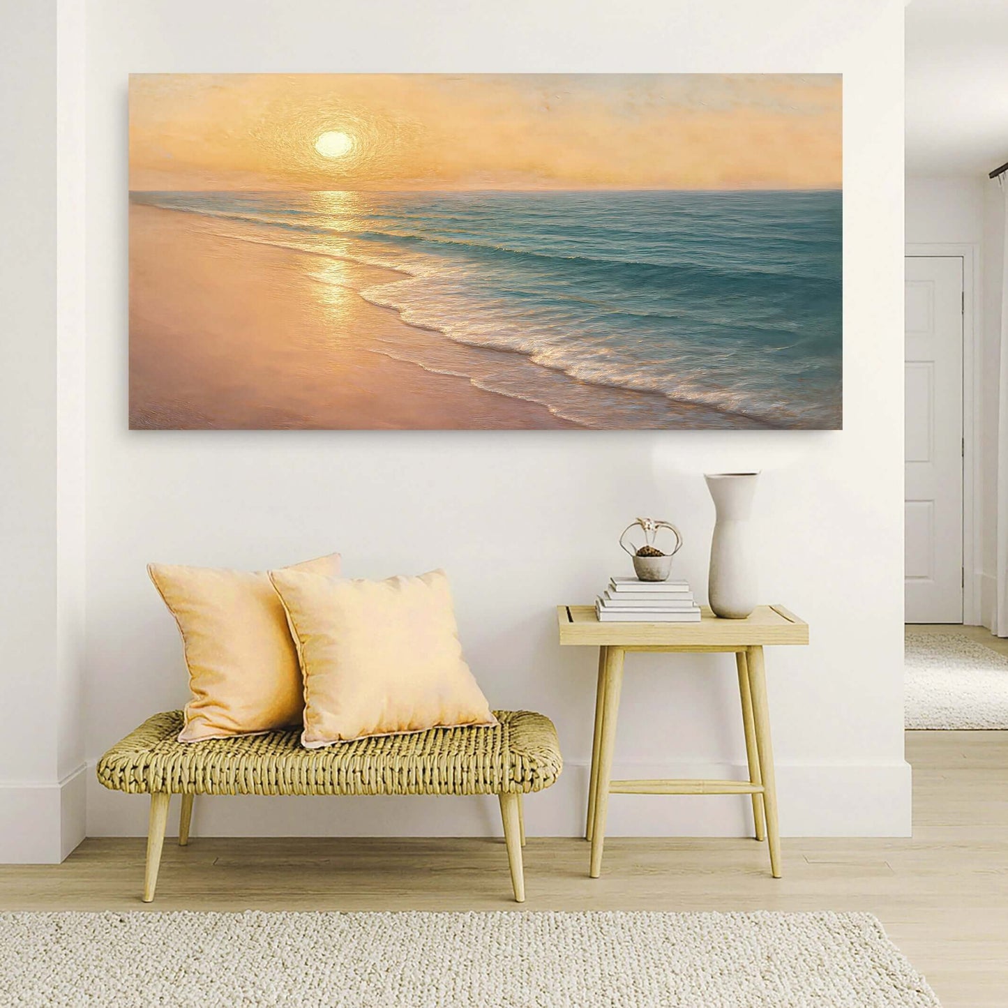 Beach Shoreline Coastal Wall Art IV featuring a serene beach scene with sunset and gentle waves.
