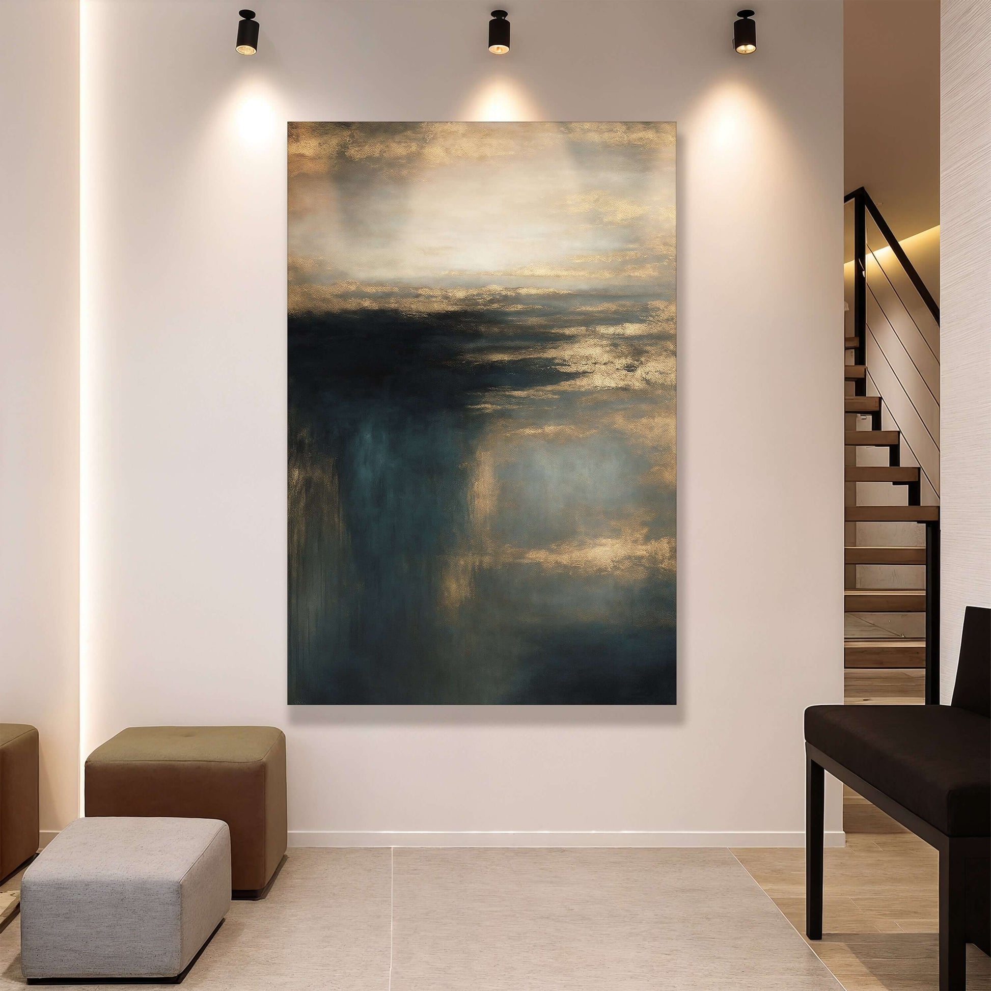 Cloudscape Glimmer Canvas Wall Art displayed in a modern living room setting with neutral furniture.