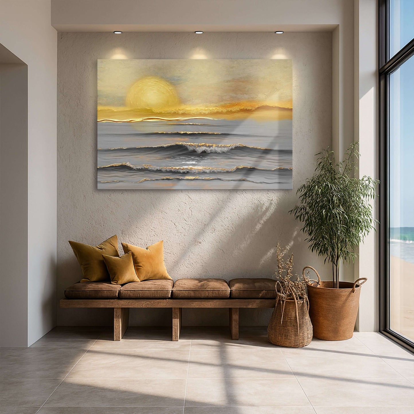 Golden Horizon Calm Canvas Wall Art displayed in a modern coastal living room with natural light.