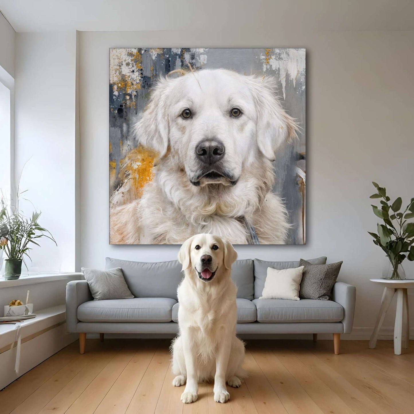Customized Pet Portrait Abstract Wall Art featuring a golden retriever in a modern living room setting.