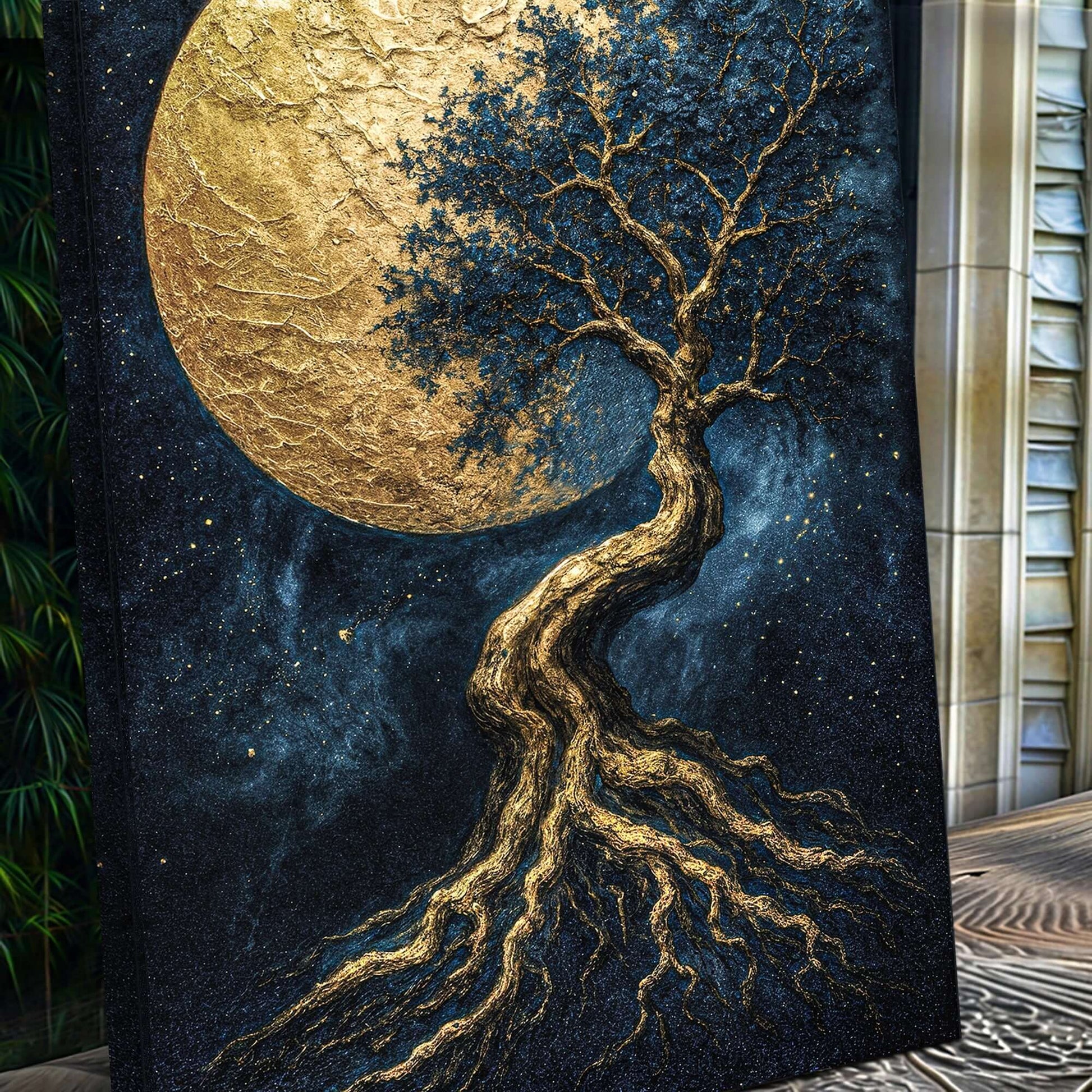 Lunar Tree of Life Canvas Wall Art featuring a vibrant moon and roots in an artistic design.