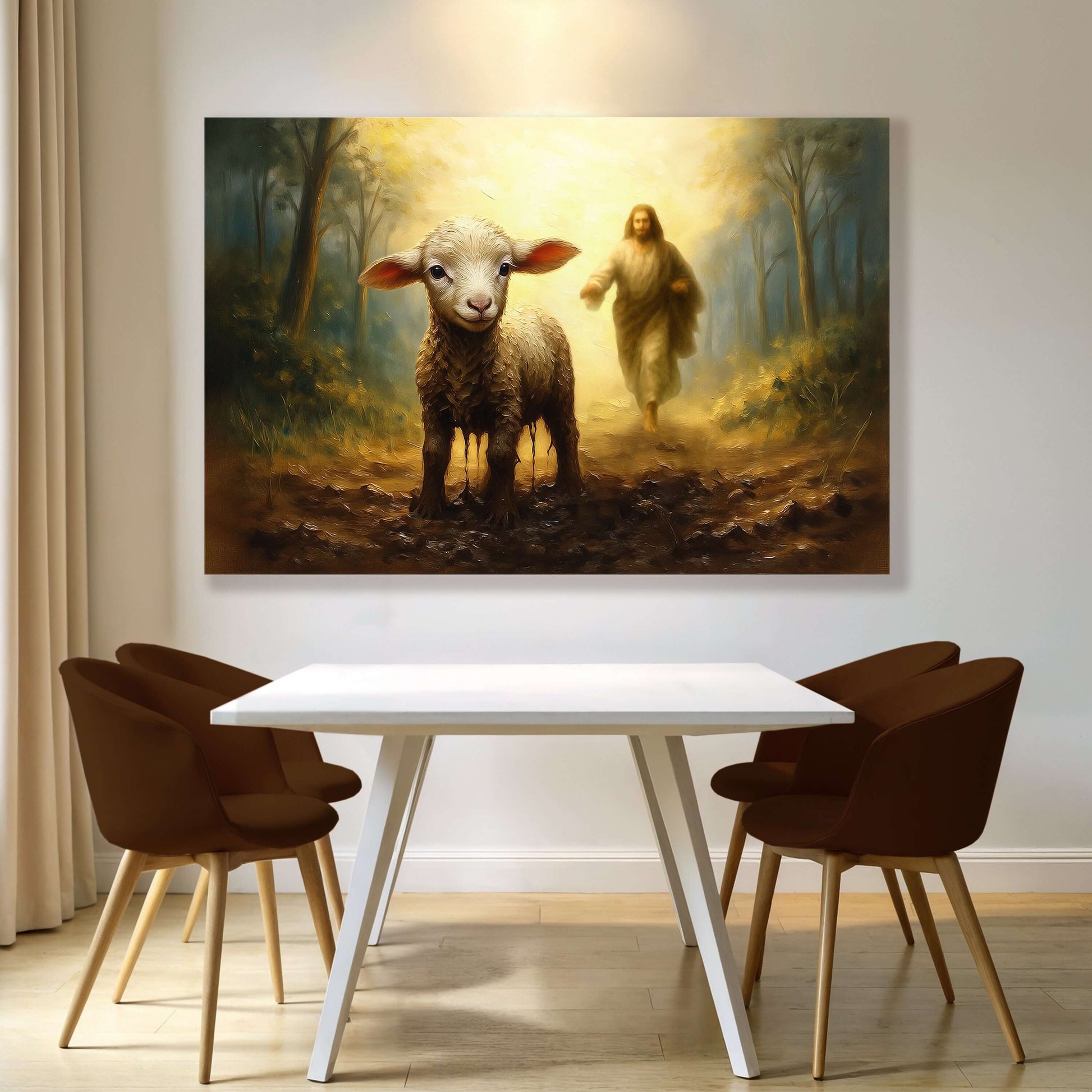 Jesus Running After A Lost Lamb Faith Wall Art displayed in a modern dining room setting.