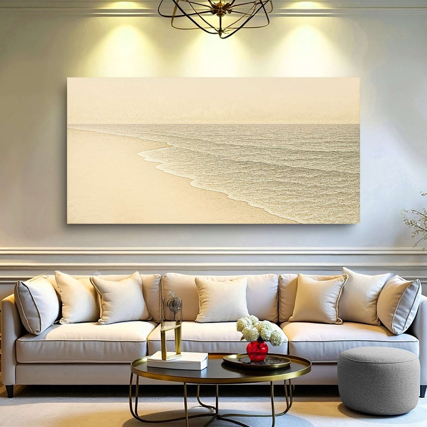 Beach Shoreline Coastal Canvas Wall Art III displayed in a stylish living room with cozy seating.