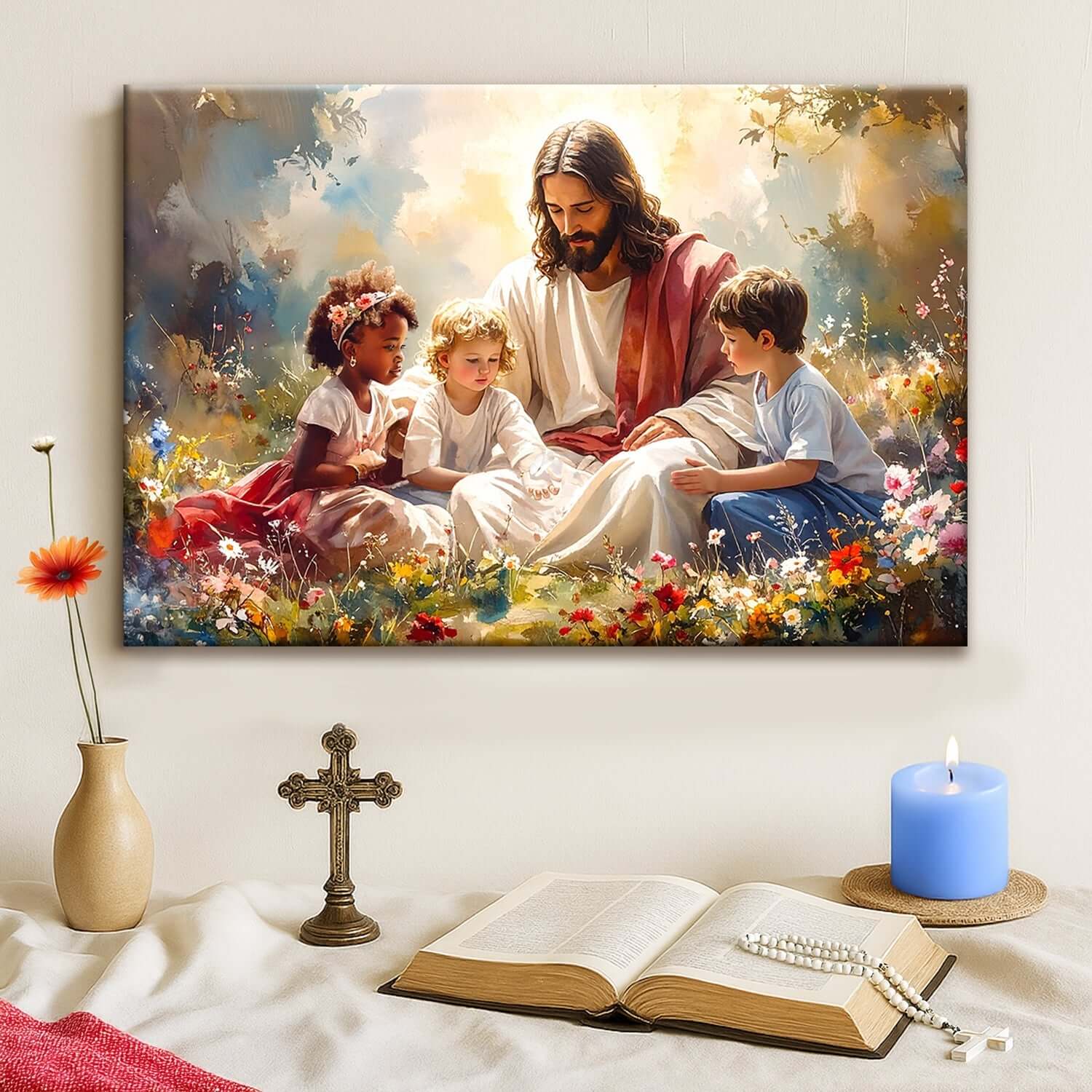 Jesus With Children Faith Wall Canvas Art VIII depicting Jesus surrounded by children in a colorful garden.