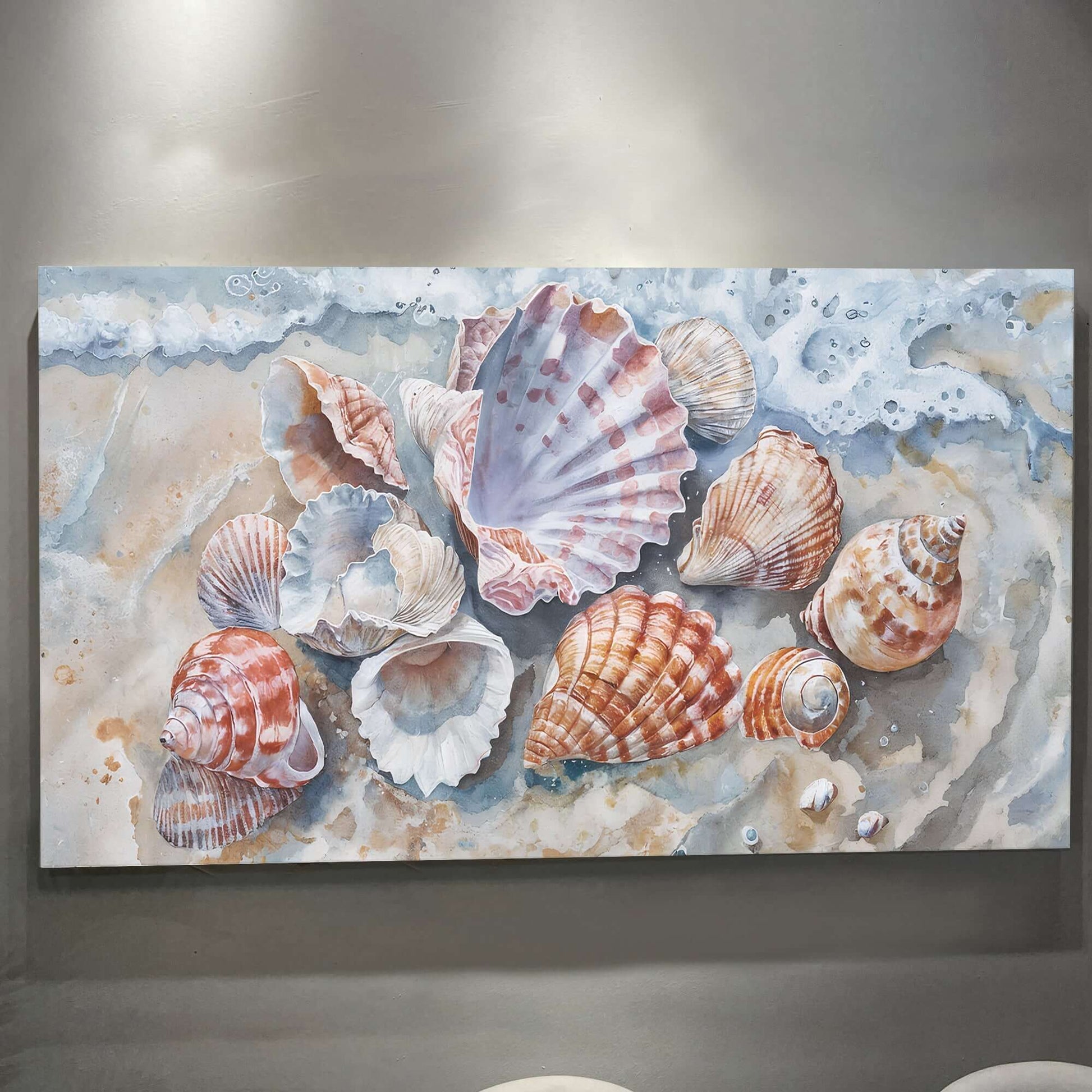 Sea Shells Modern Coastal Wall Art featuring beautifully arranged seashells on a sandy shore.