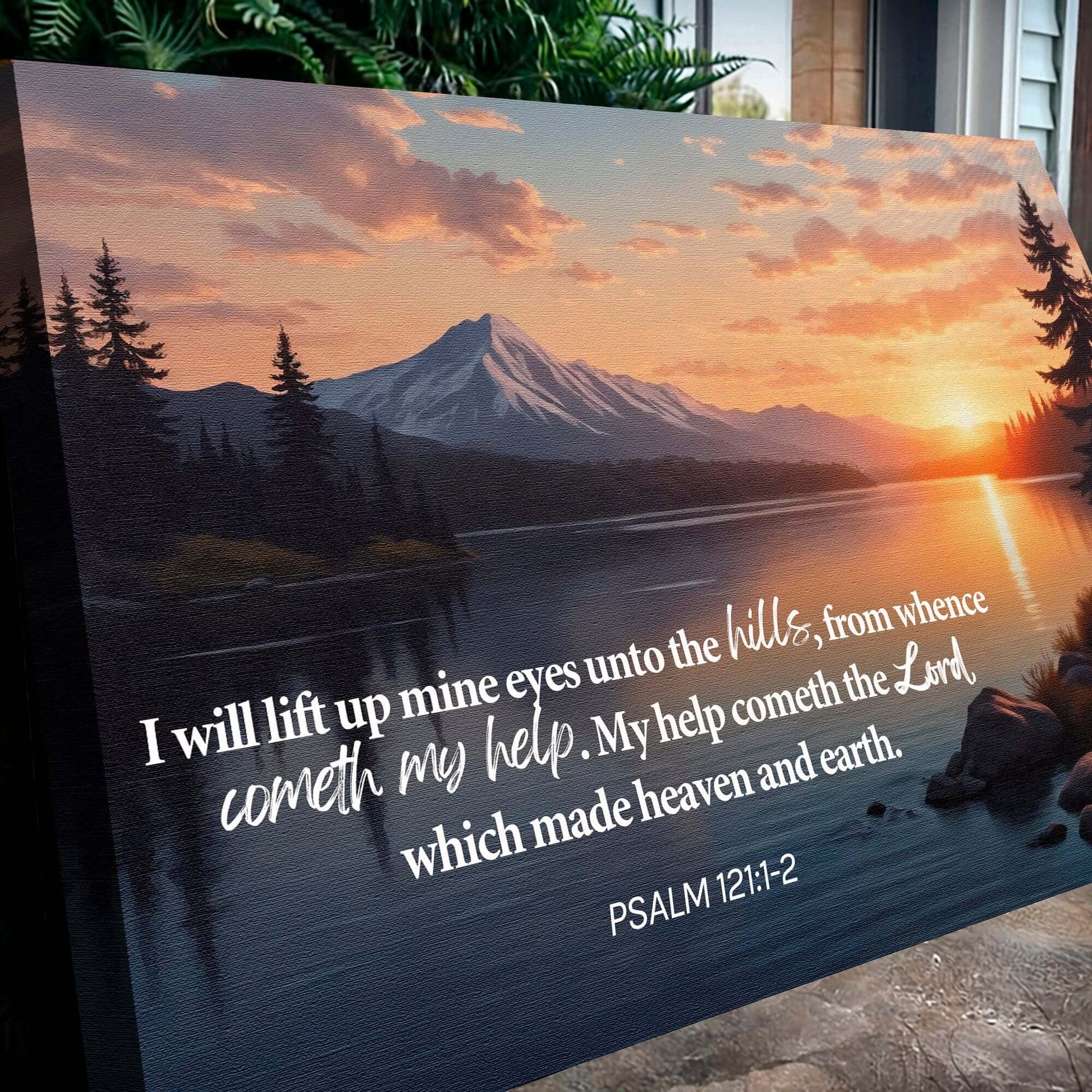 Psalm 121:1-2 - A Song Of Ascents Faith Wall Sign featuring serene mountain and lake scene with inspirational quote.