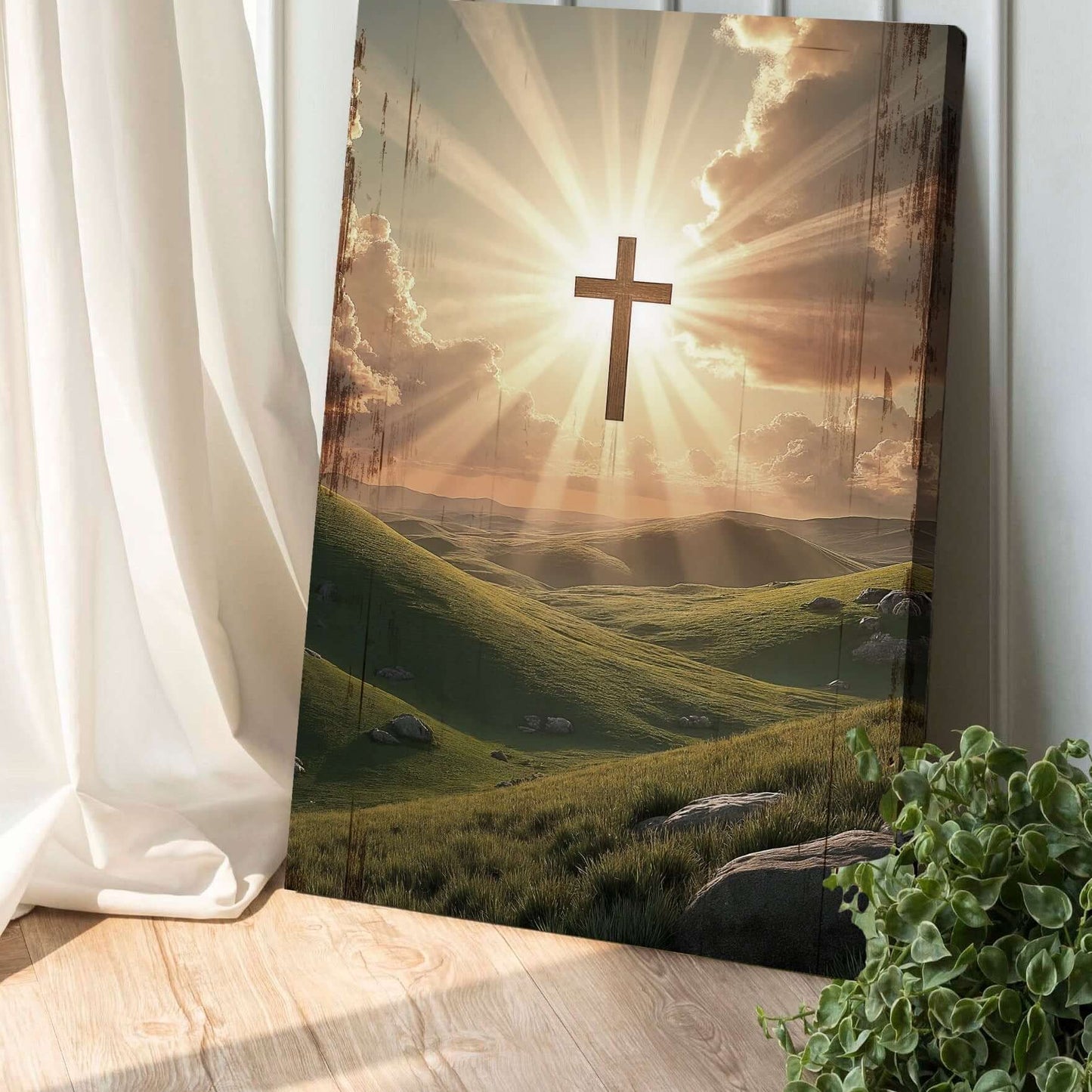 Amazing Grace Canvas Wall Art Made in USA featuring a cross with sunlight shining over green hills.