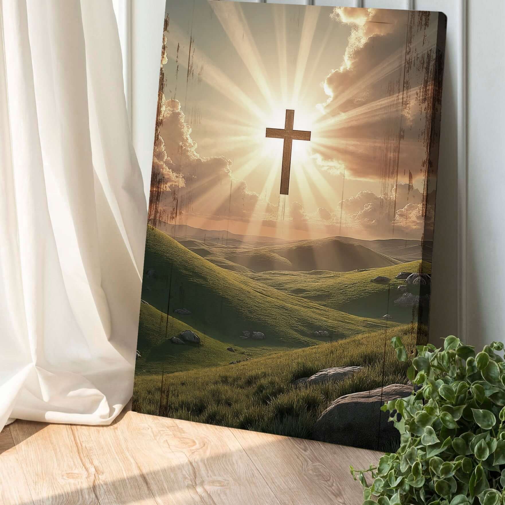 Amazing Grace Canvas Wall Art Made in USA featuring a cross with sunlight shining over green hills.