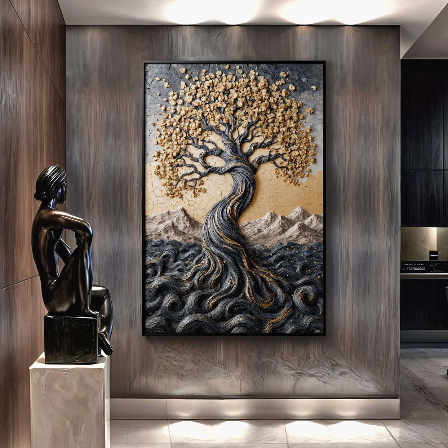 Golden Tree of Life Minimalist Impasto Wall Art displayed in a modern interior with sculpture.