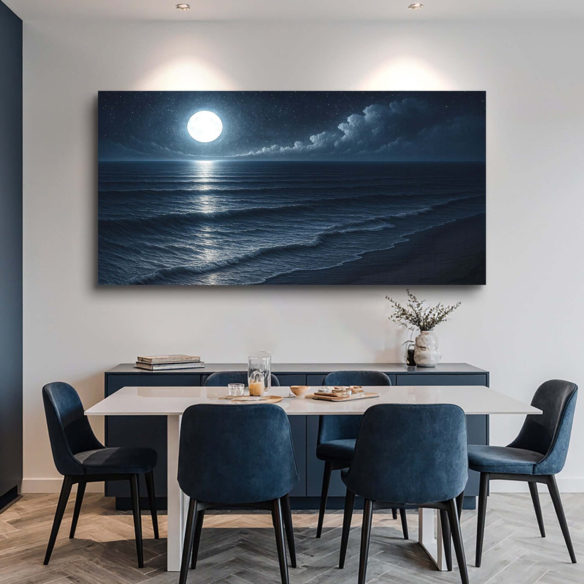 Beach Shoreline Coastal Wall Art featuring a moonlit ocean view above a dining area with modern decor.