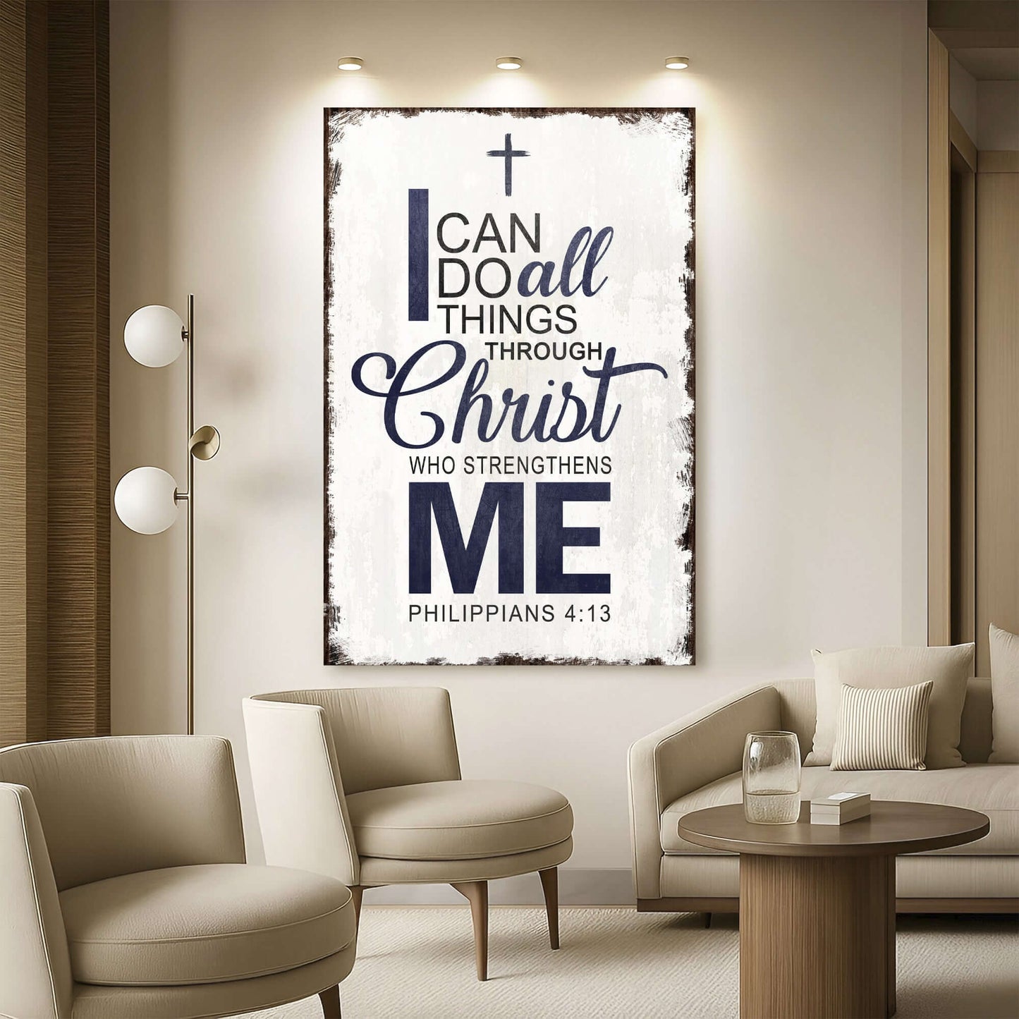 Philippians 4:13 - I Can Do All Things Through Christ Faith Sign II displayed in a modern living room setting.