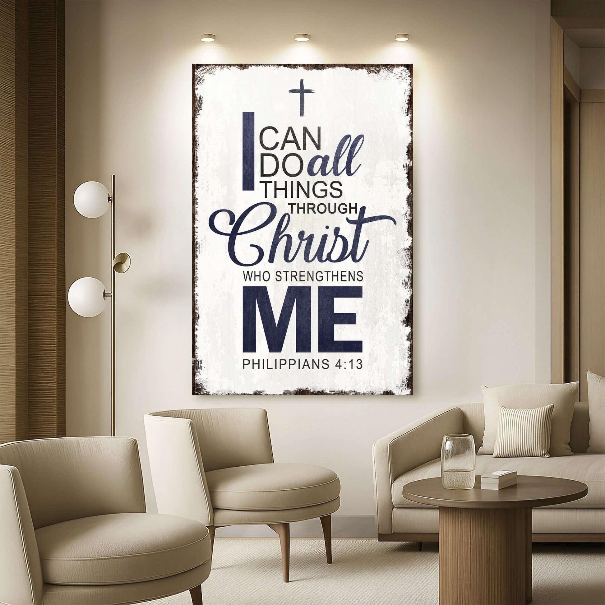 Philippians 4:13 - I Can Do All Things Through Christ Faith Sign II displayed in a modern living room setting.