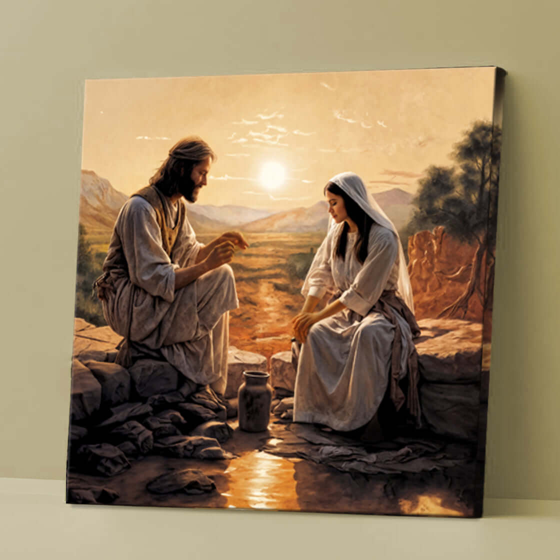 Samaritan at the Well Faith Wall Canvas Art III featuring Jesus and a woman in a serene landscape setting.