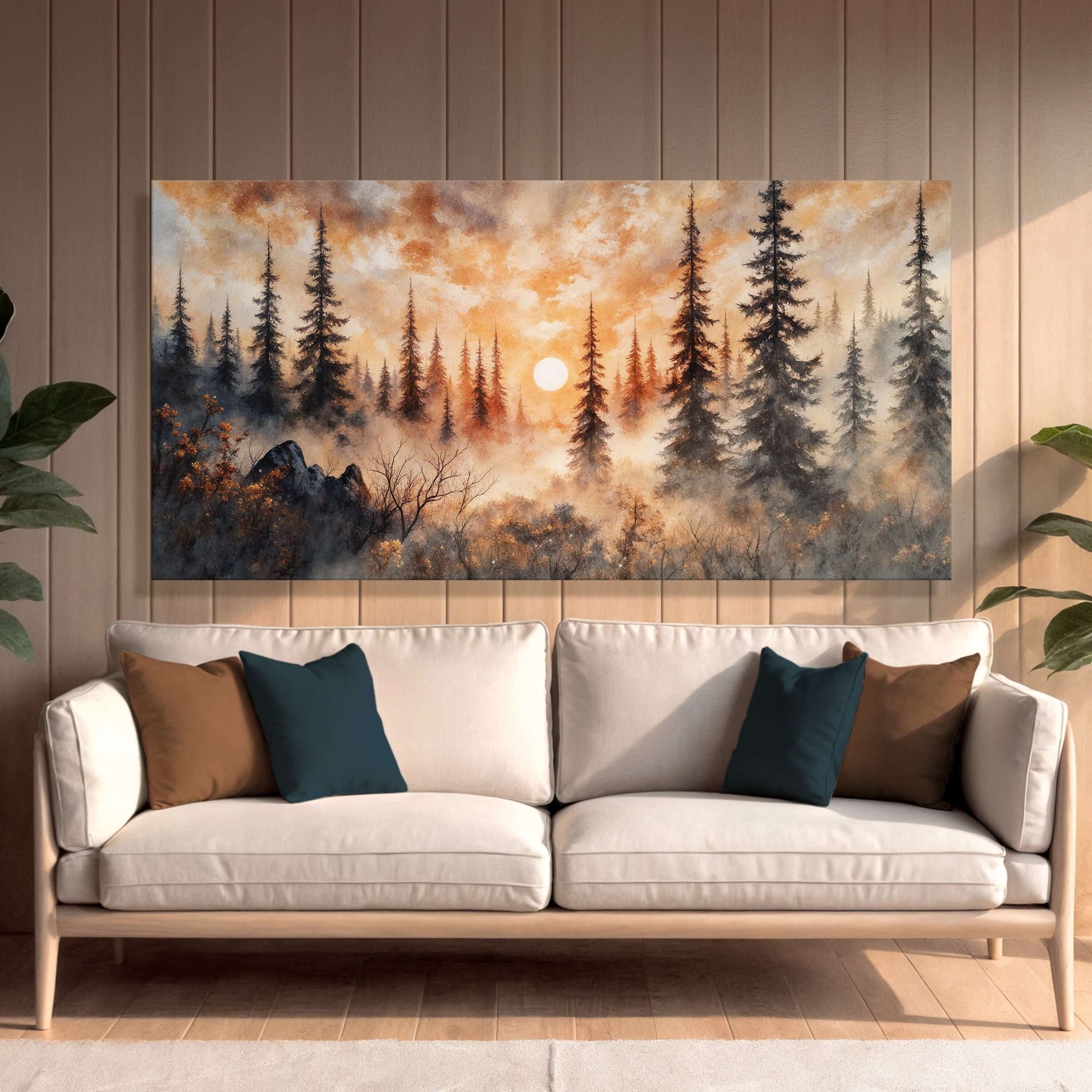 Rustic Forest Sunset Canvas Wall Art showcasing majestic mountains and lush forests in warm sunset tones.