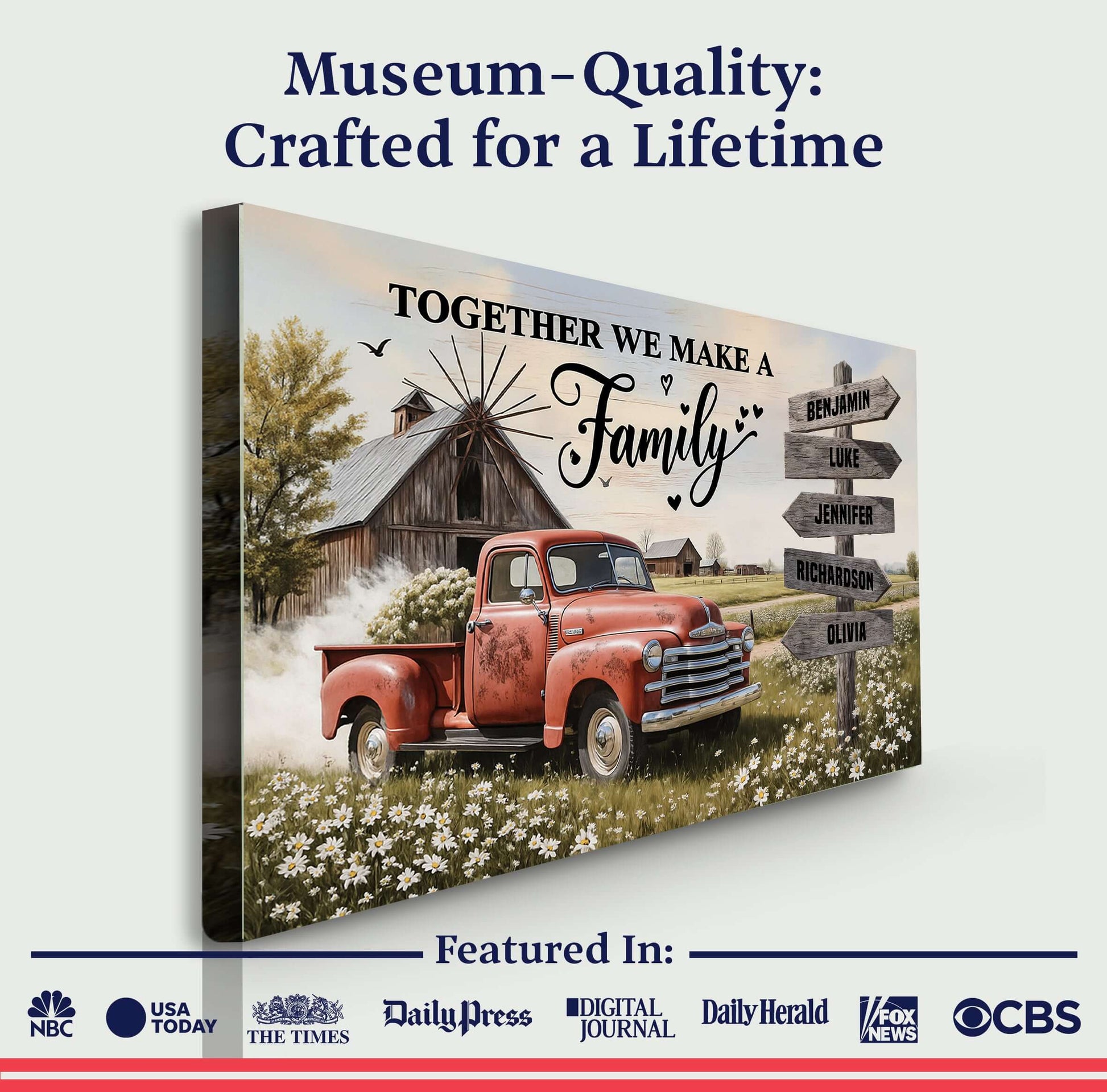 Personalized Family Farmhouse Old Truck Wall Art featuring names and a rustic truck near a barn.
