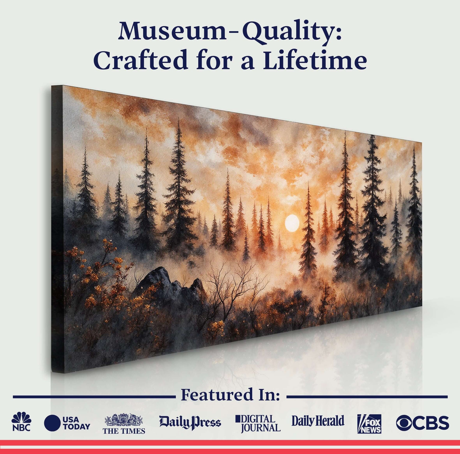 Rustic Forest Sunset Canvas Wall Art showcasing majestic mountains and forests with a serene sunset backdrop.