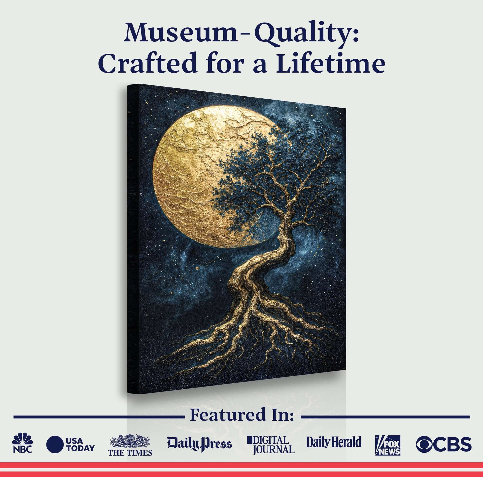 Lunar Tree of Life Canvas Wall Art displayed with a museum-quality finish and a striking moon backdrop.