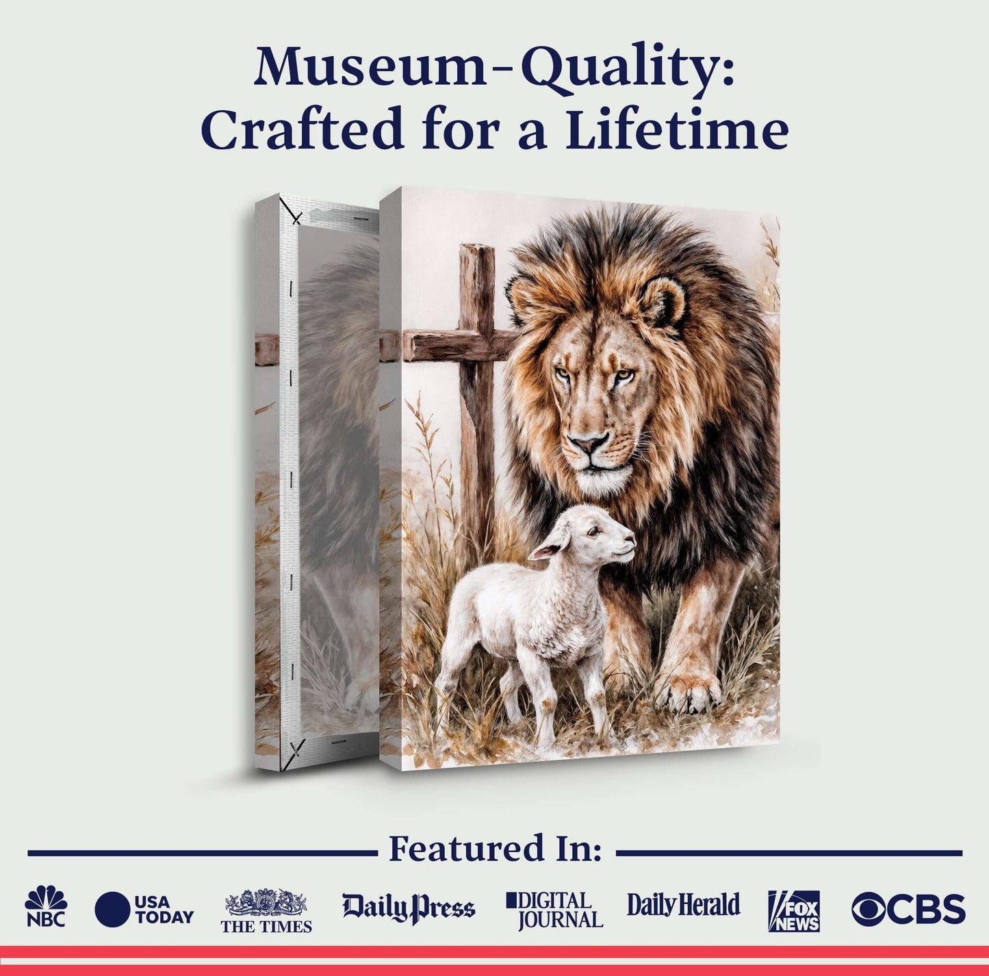 Lion And Sheep Faith Wall Art II featuring a lion and lamb beside a cross in museum-quality design.