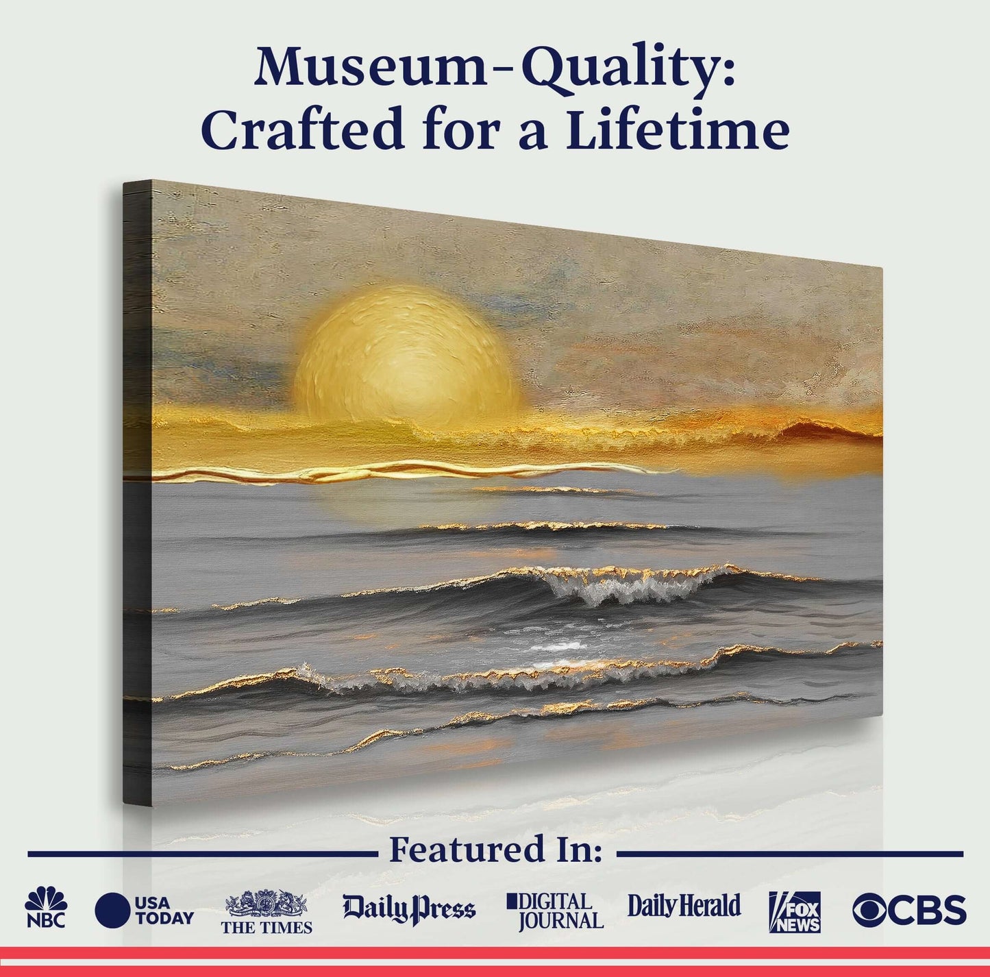 Golden Horizon Calm Canvas Wall Art featuring a sun setting over waves, showcasing museum-quality craftsmanship.
