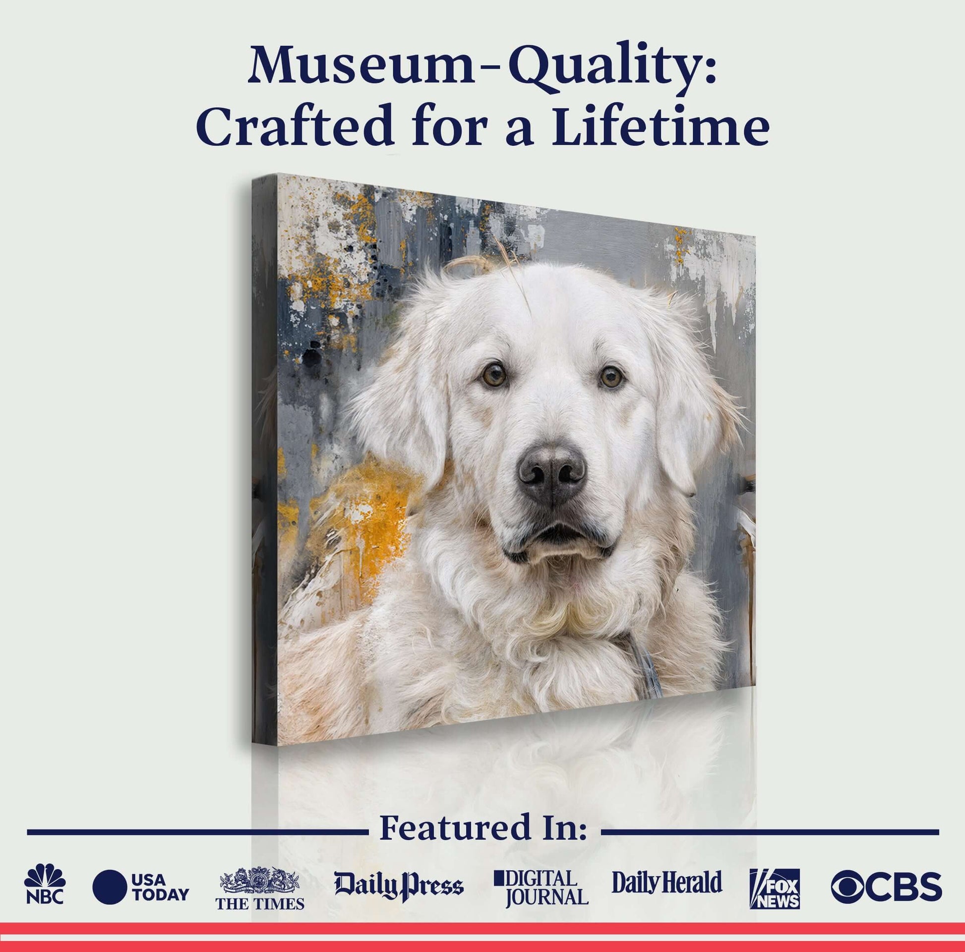 Customized Pet Portrait Abstract Wall Art featuring a museum-quality pet portrait of a golden retriever.