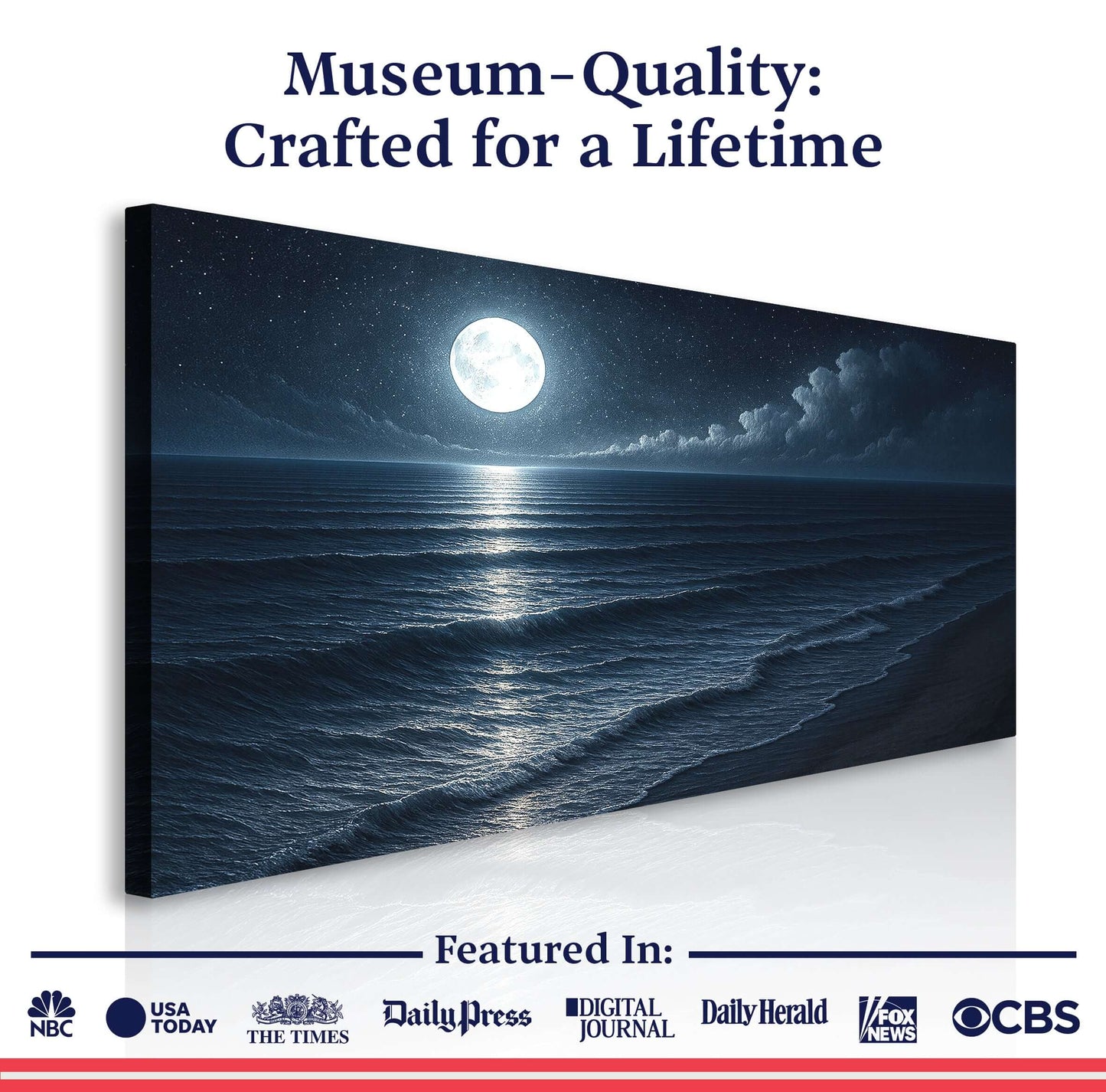 Museum-quality Beach Shoreline Coastal Wall Art featuring a moonlit ocean scene, crafted for a lifetime.