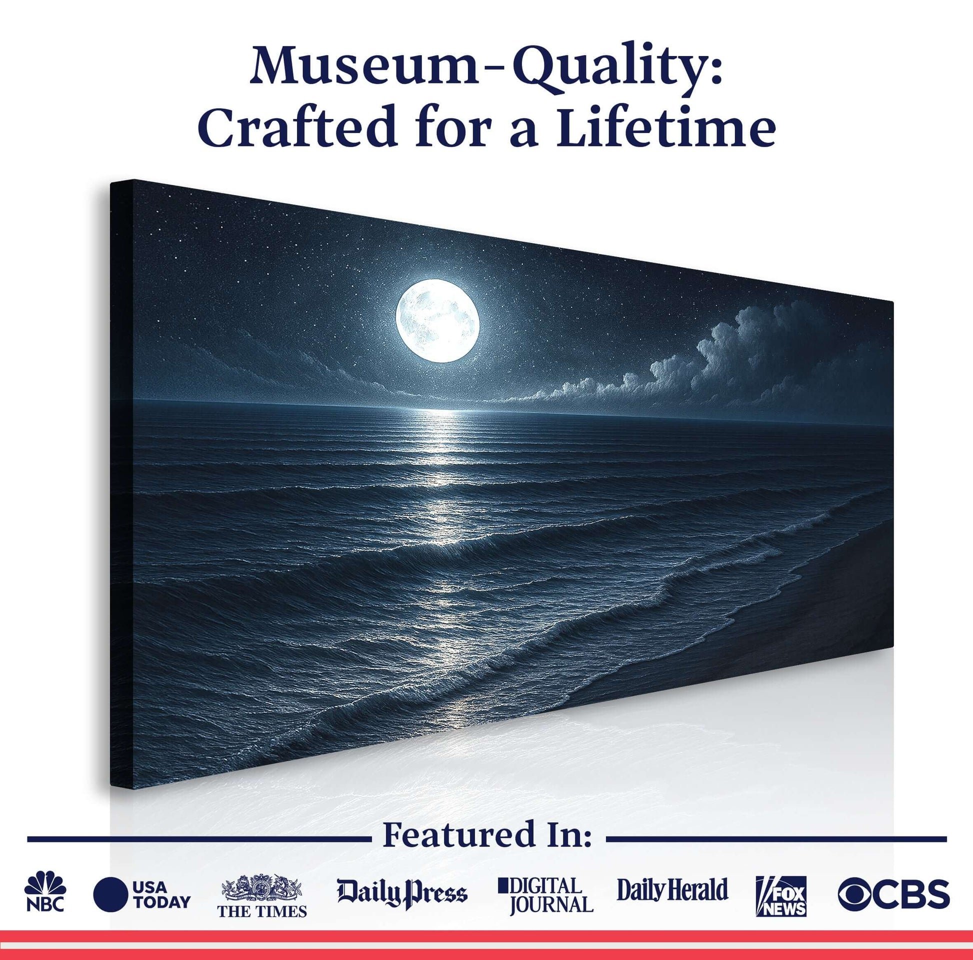 Museum-quality Beach Shoreline Coastal Wall Art featuring a moonlit ocean scene, crafted for a lifetime.