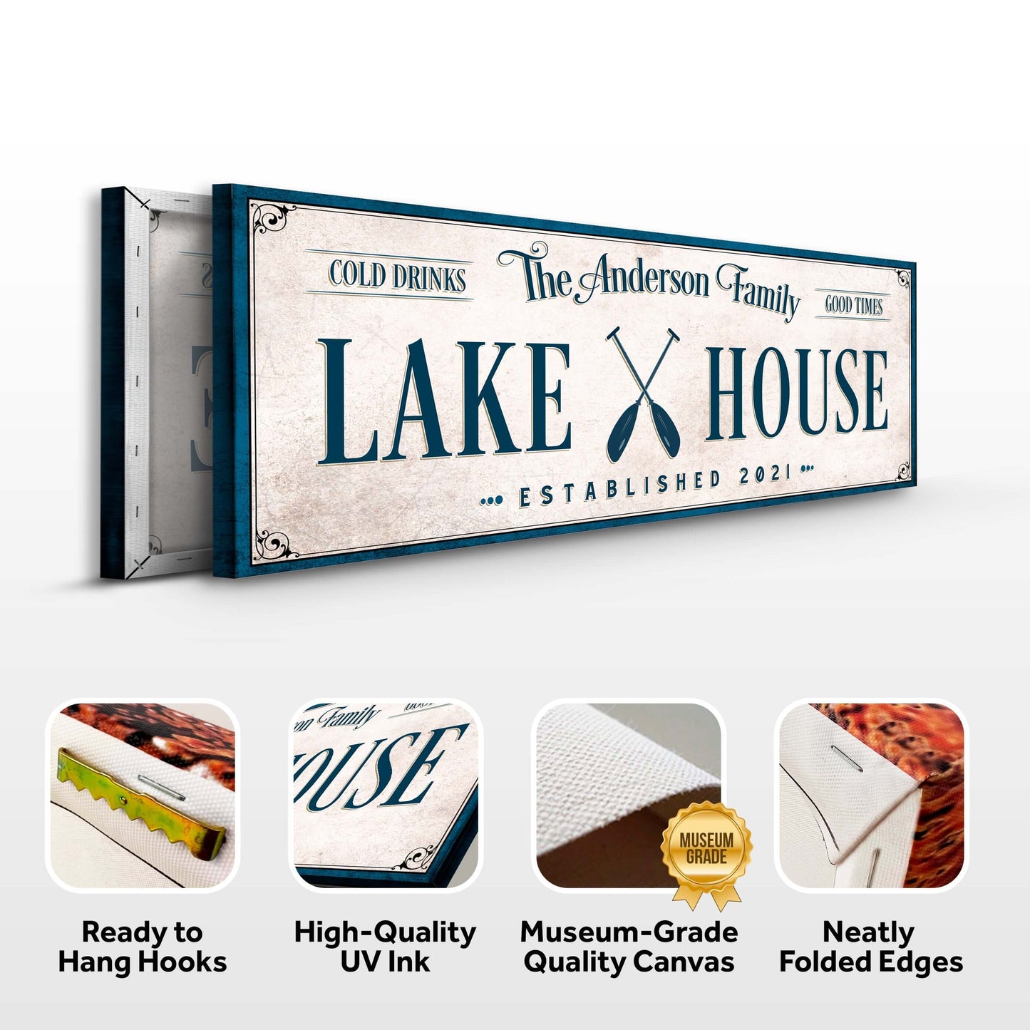 Personalized Lake House Sign IV featuring established year 2021 and family name on high-quality canvas.